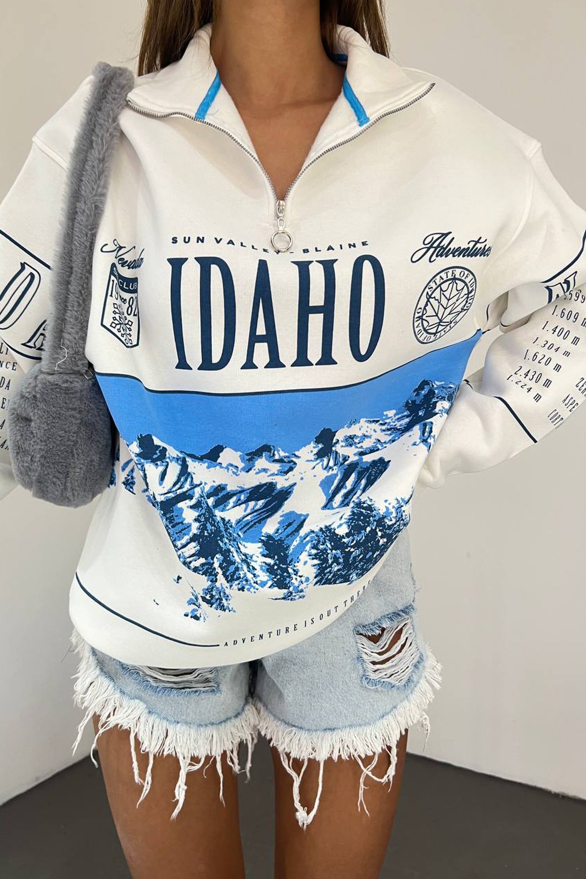 Idaho Baskılı Fermuar Yaka Sweatshirt