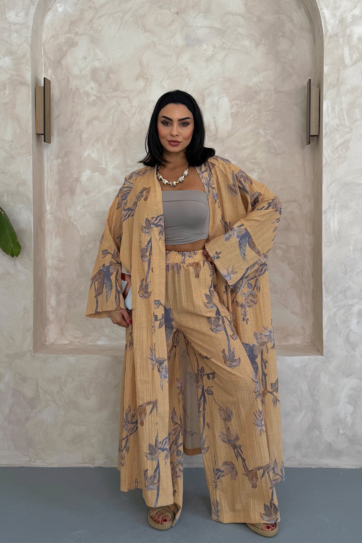 Çiçekli Uzun Alt Üst Kimono Takım