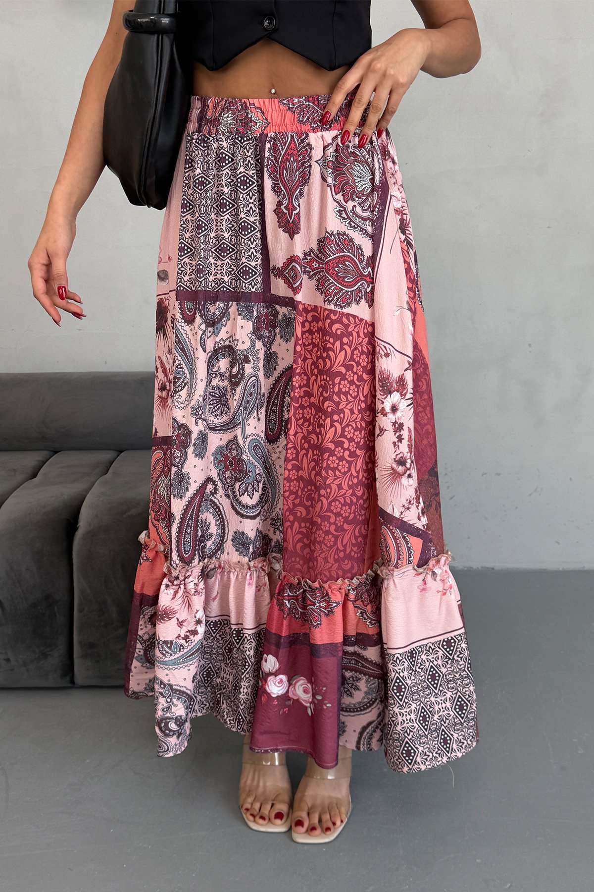 Bordo Etnik Desen Şifon Etek