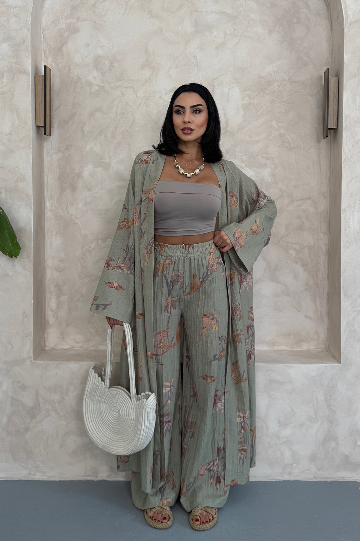 Çiçekli Uzun Alt Üst Kimono Takım