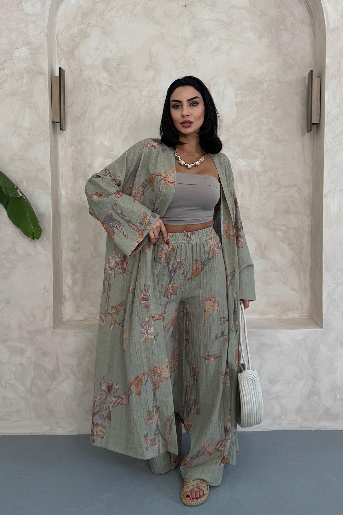 Çiçekli Uzun Alt Üst Kimono Takım