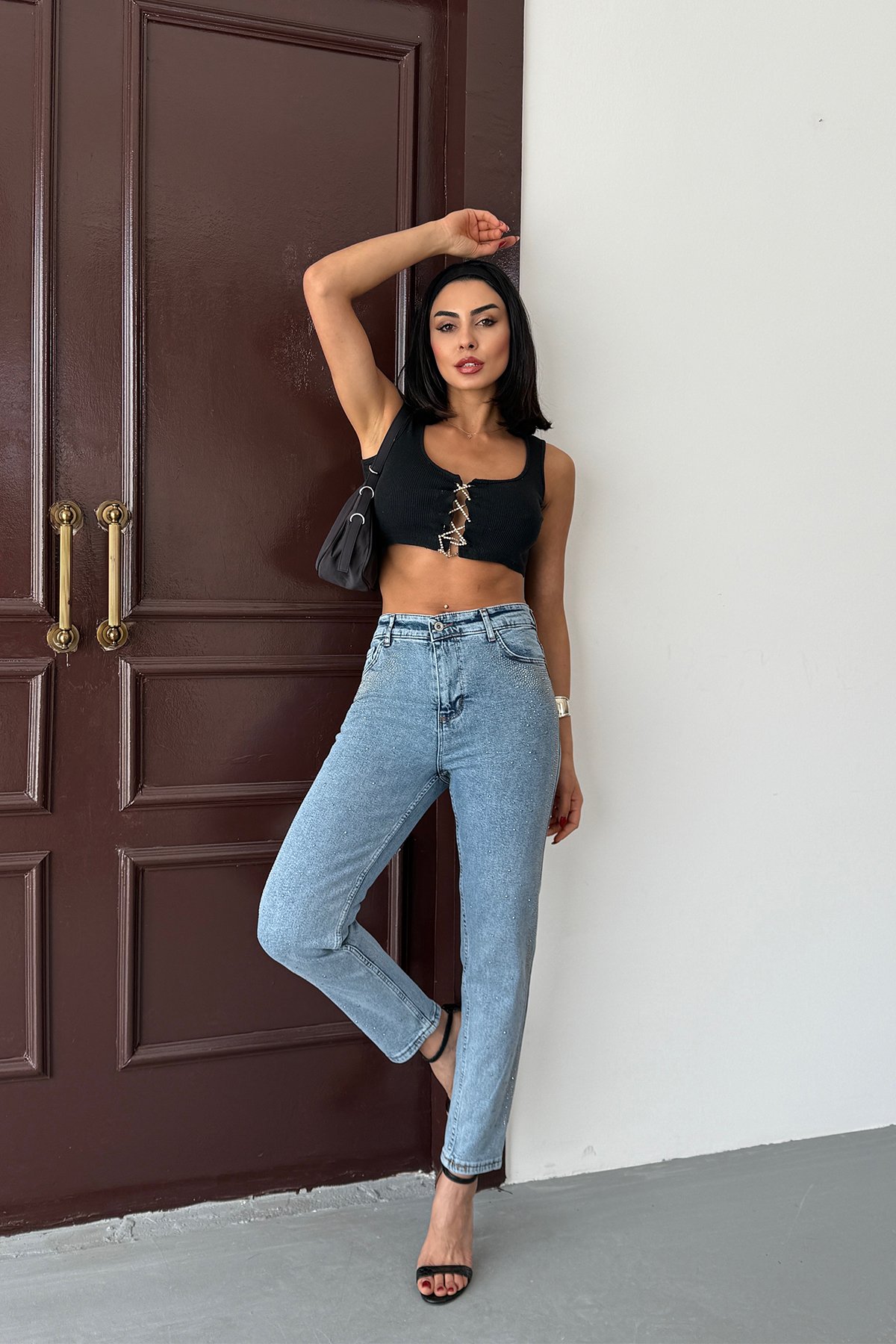 Mavi Taşlı Dar Paça Skinny Jean Kot Pantolon