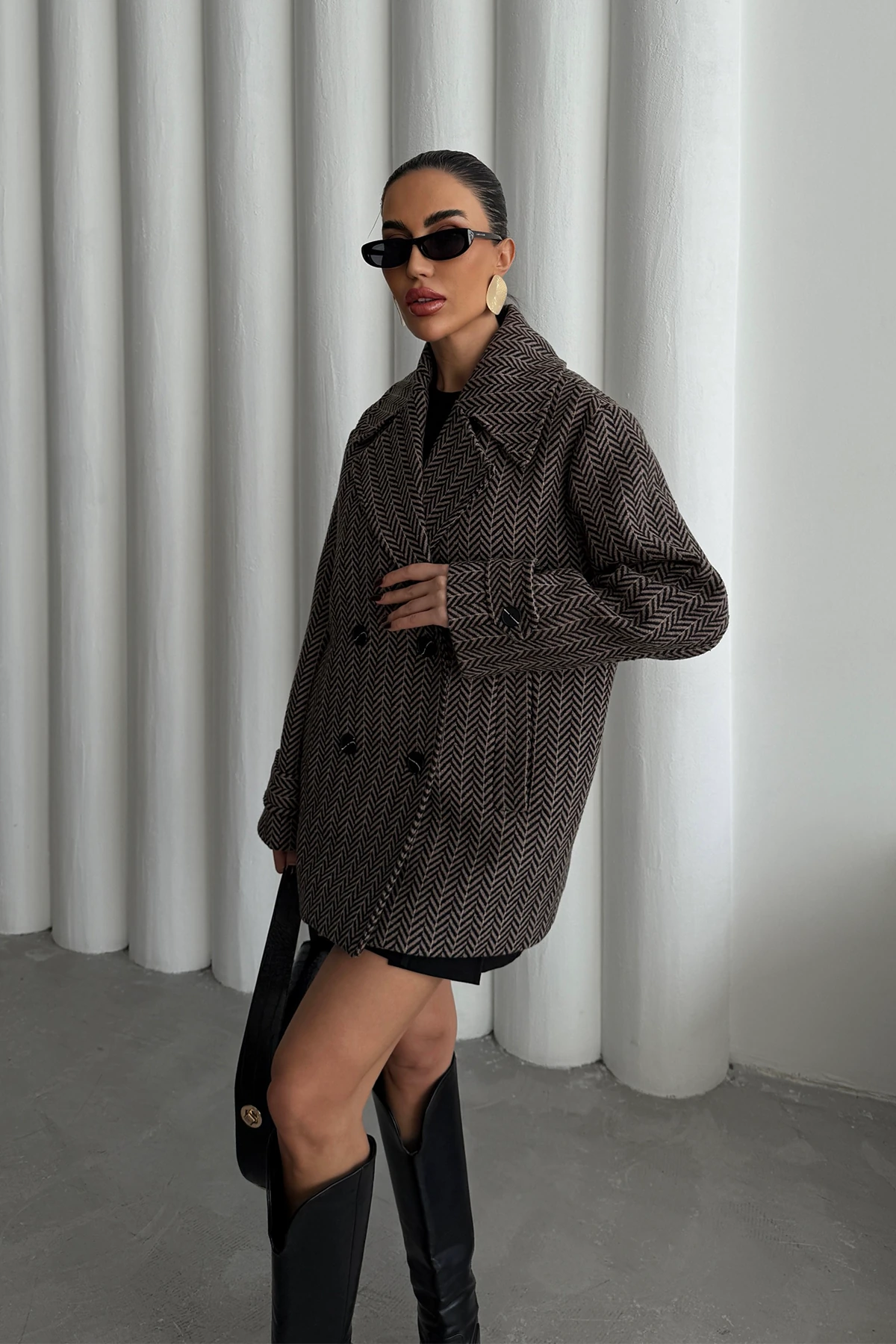 Balıksırtı Desen Kaşe Kaban