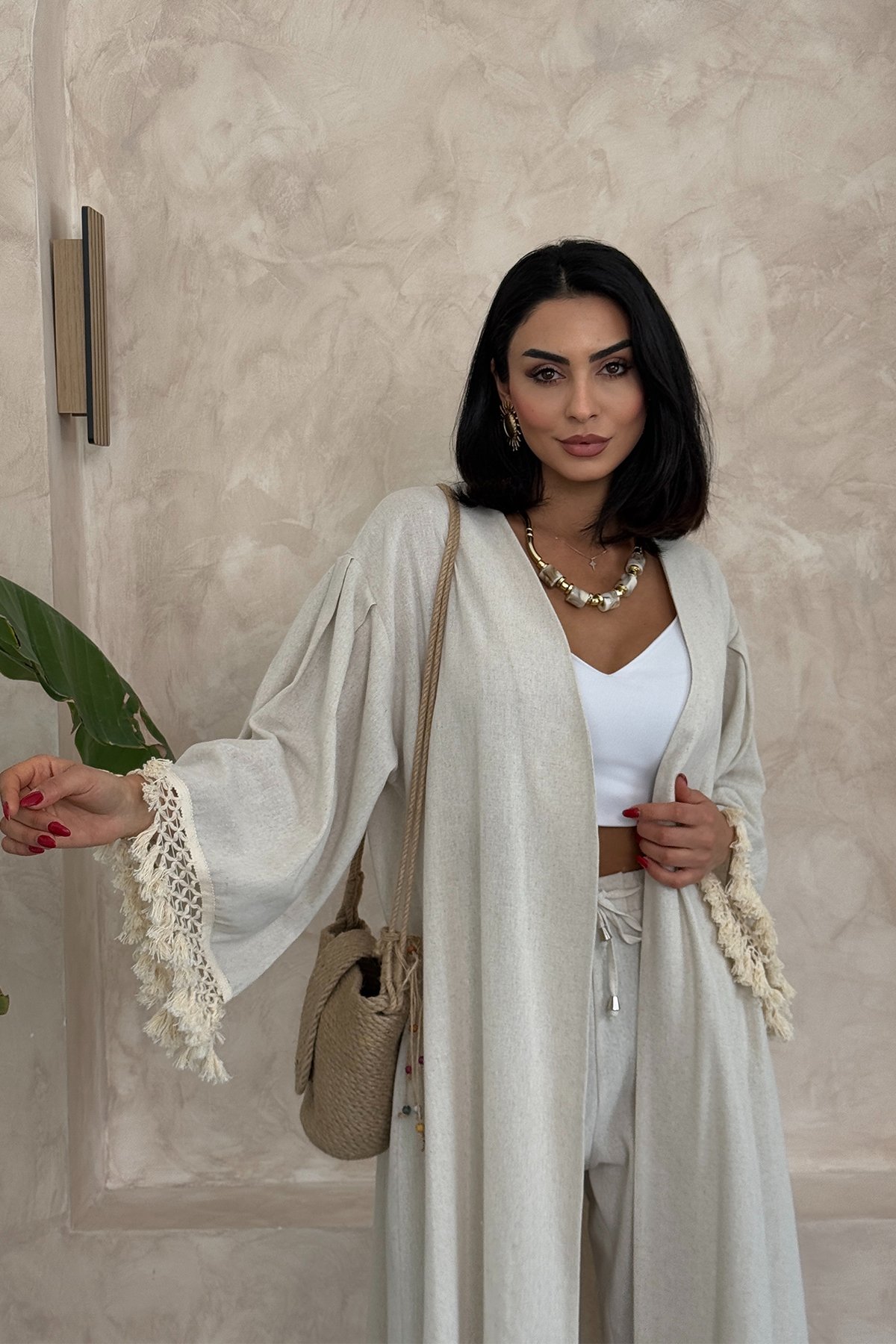 Taş Püskül Detaylı Ham Keten Kimono Takım