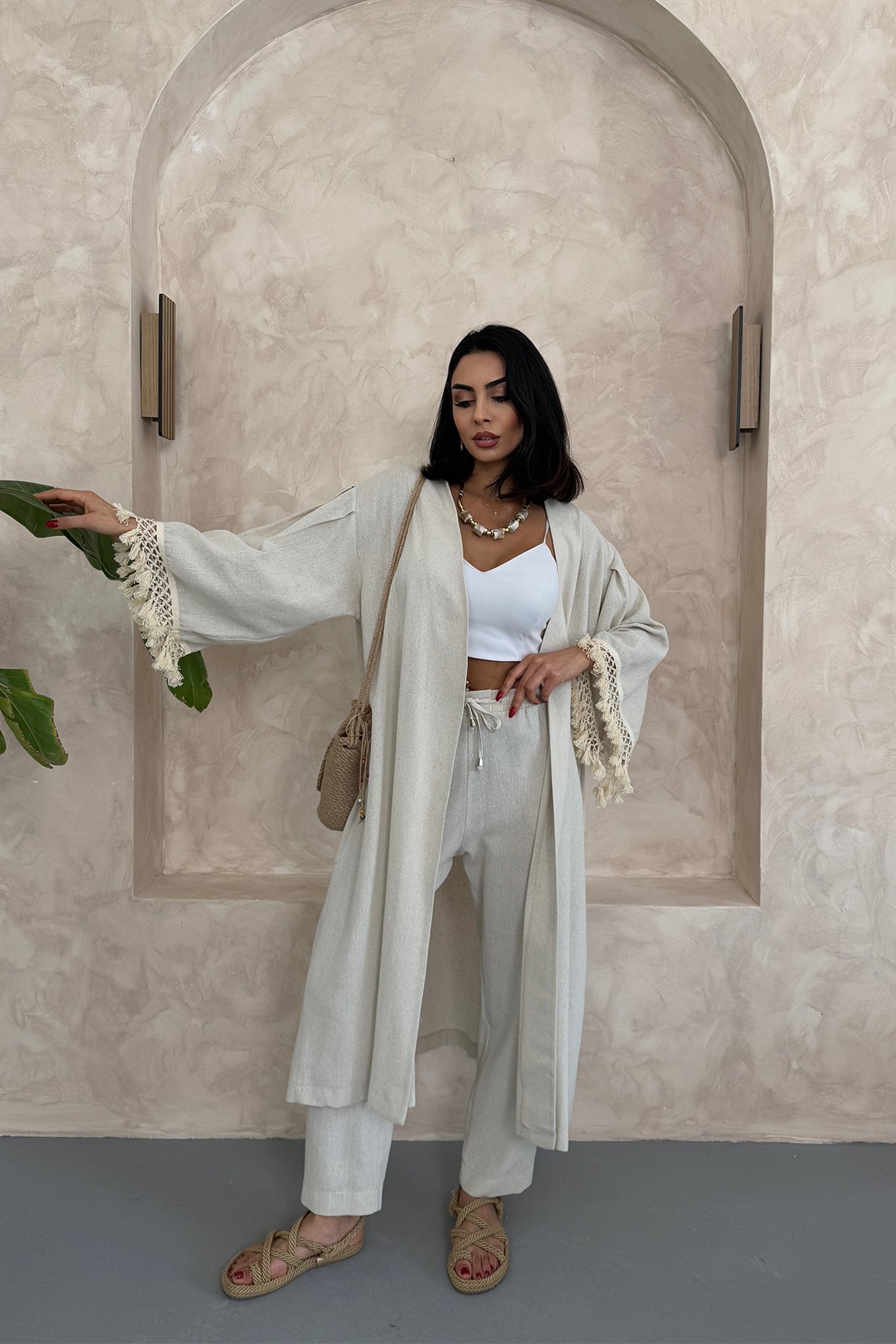 Taş Püskül Detaylı Ham Keten Kimono Takım