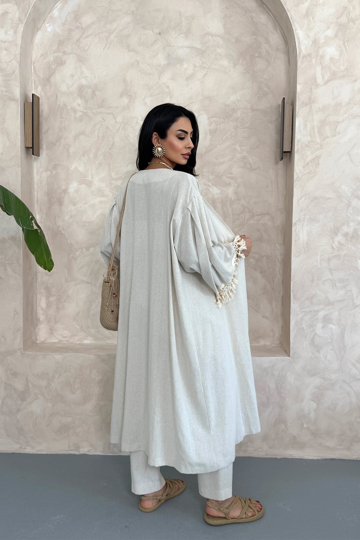 Taş Püskül Detaylı Ham Keten Kimono Takım