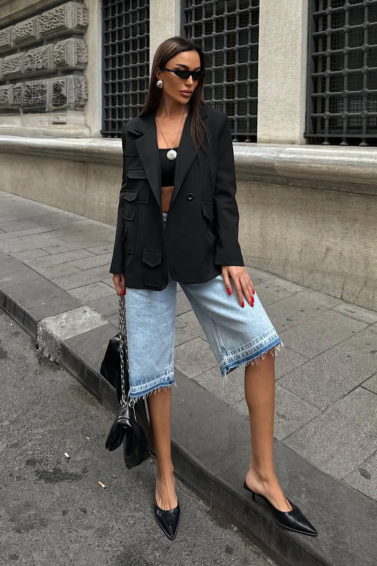 Cep Tasarımlı Blazer Ceket - Siyah