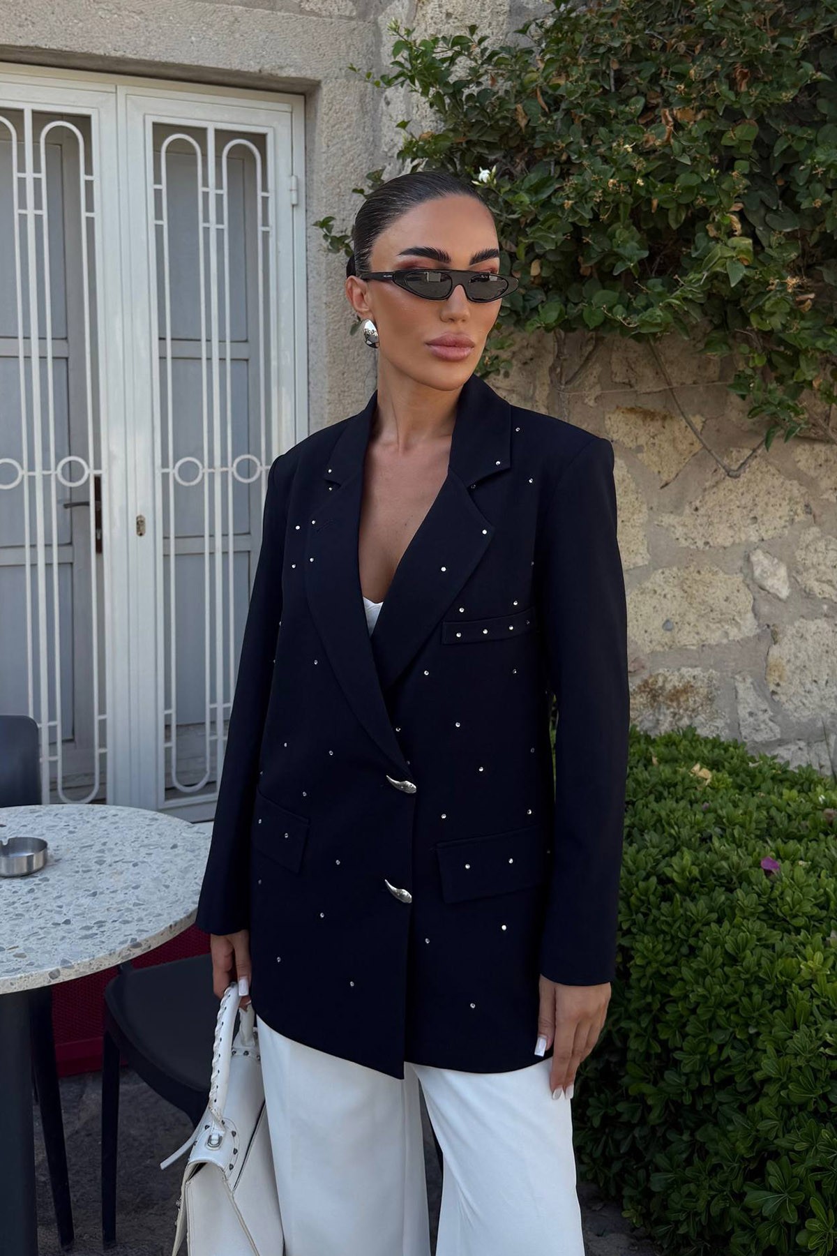 Taşlı Düğme Detaylı Tasarım Blazer Ceket - Lacivert