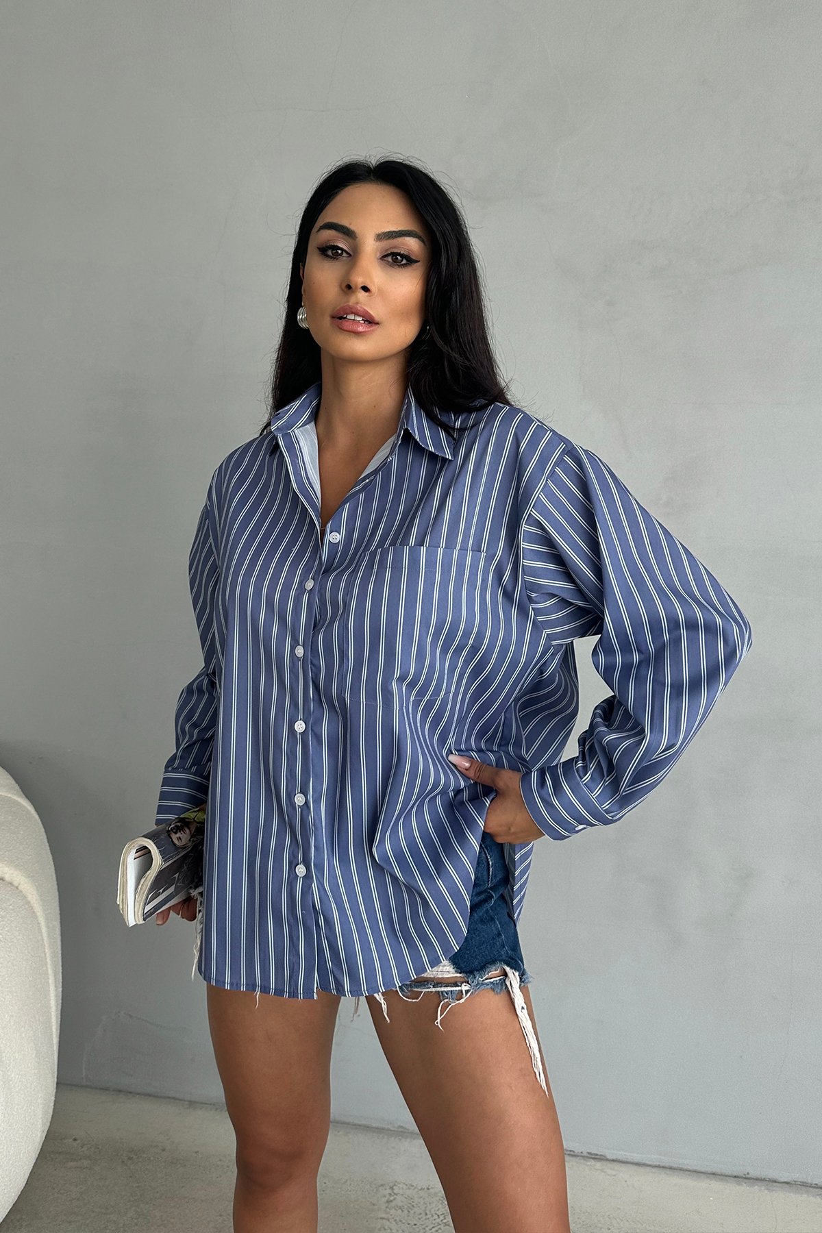 Çift Çizgi Oversize Salaş Gömlek