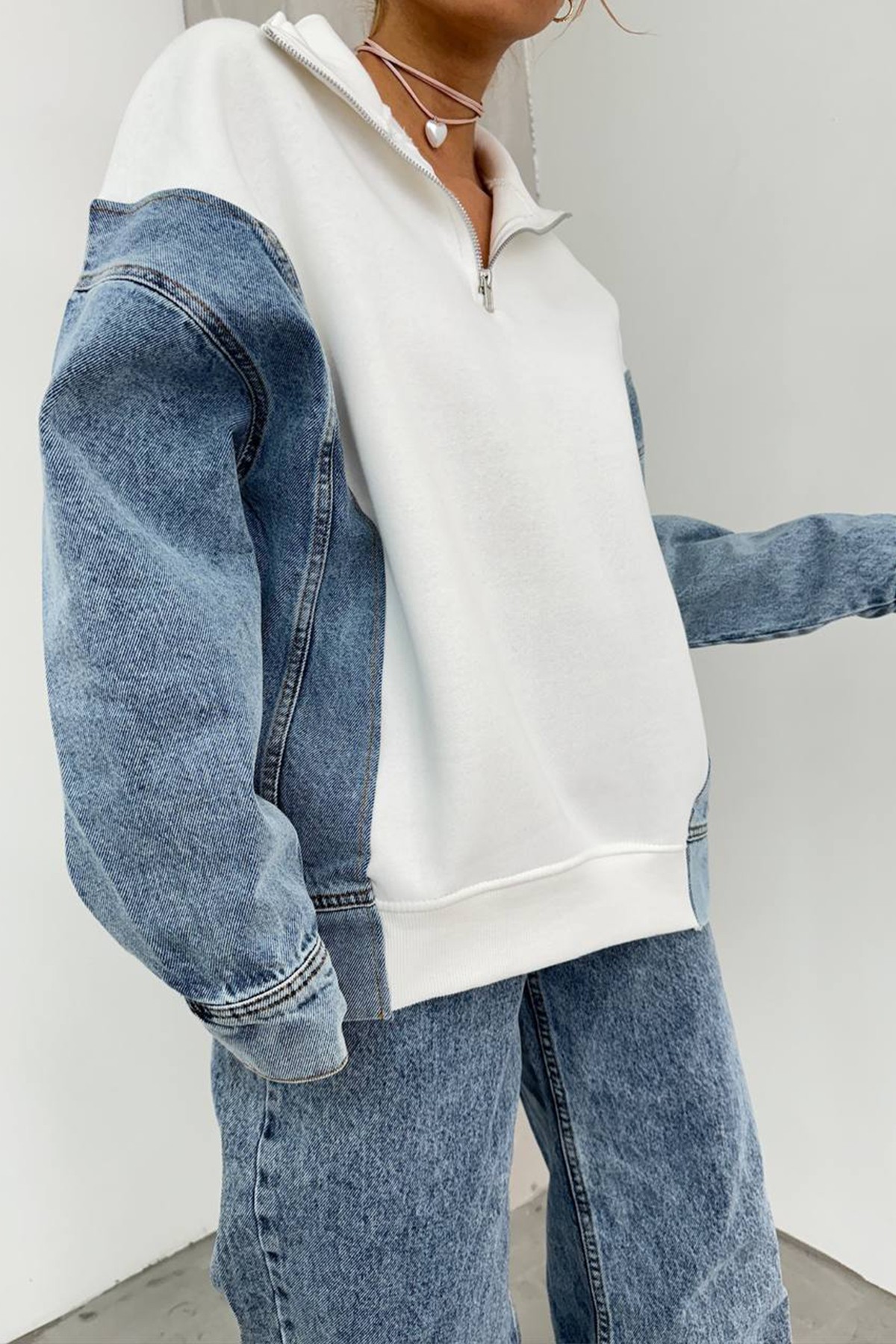 Kot Detaylı Fermuar Yaka Oversize Sweatshirt