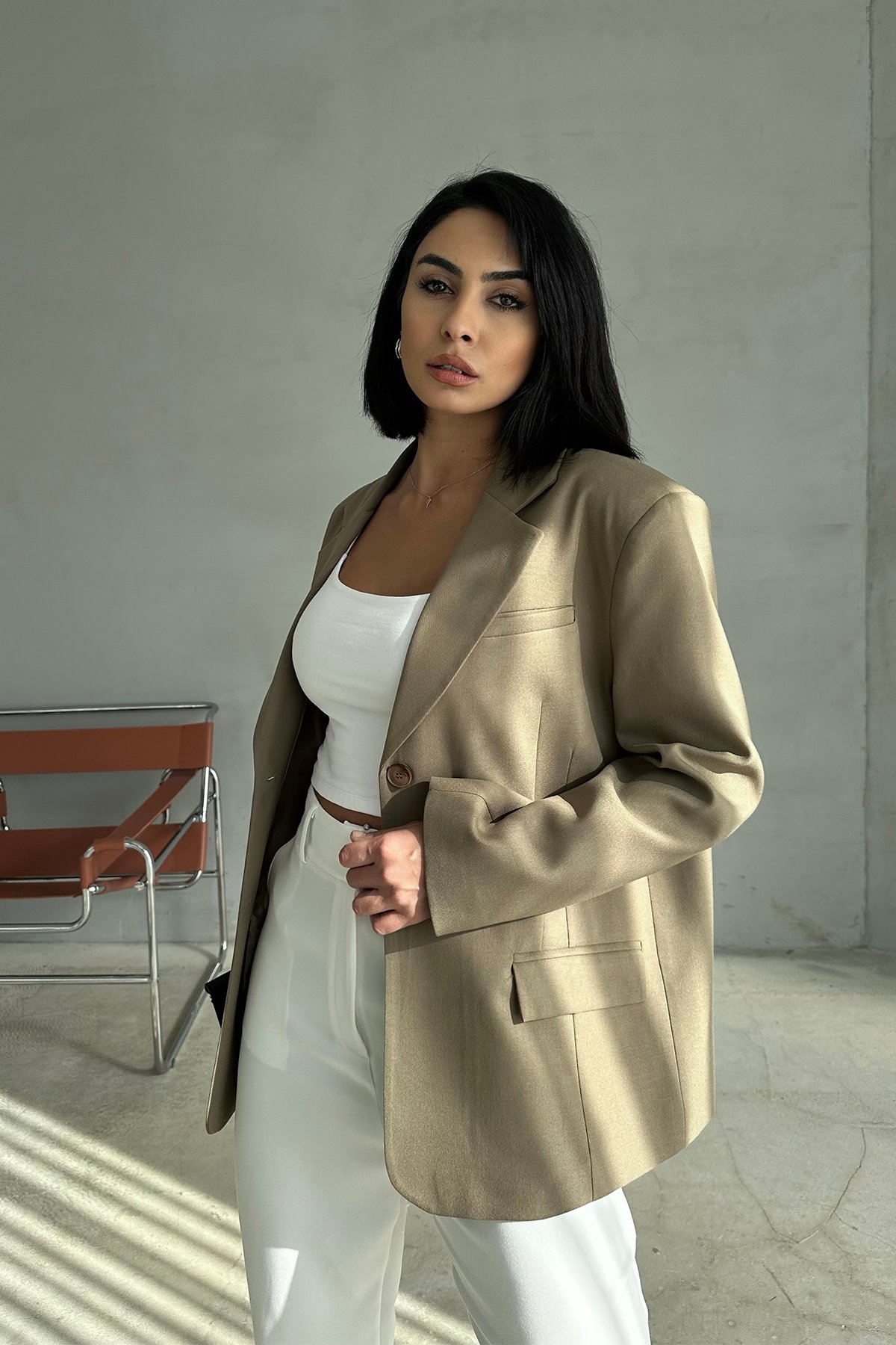 Oversize Vatkalı Blazer Ceket - Haki