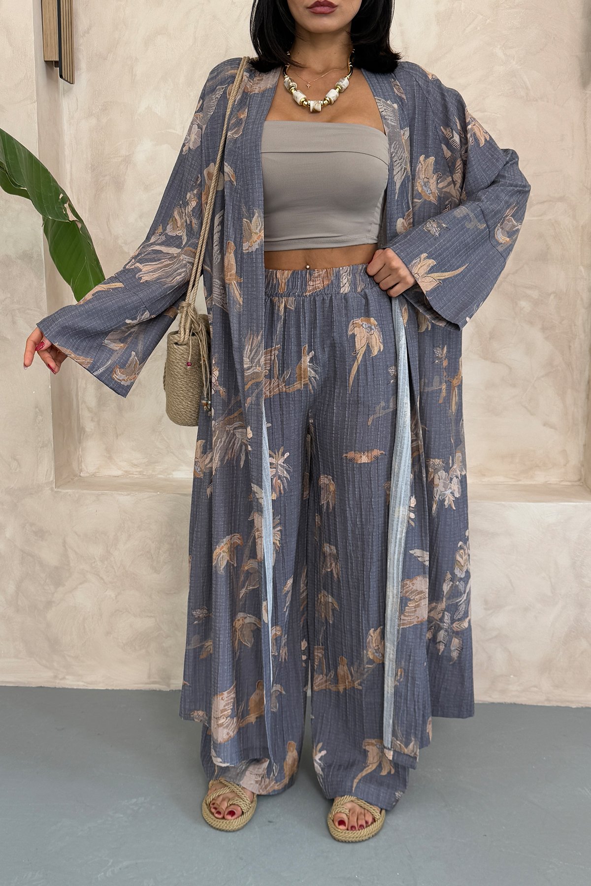Çiçekli Uzun Alt Üst Kimono Takım