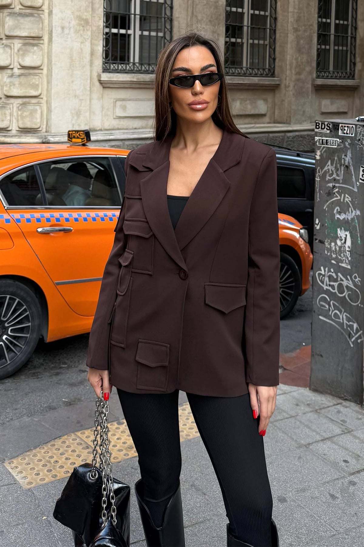 Cep Tasarımlı Blazer Ceket - Kahve