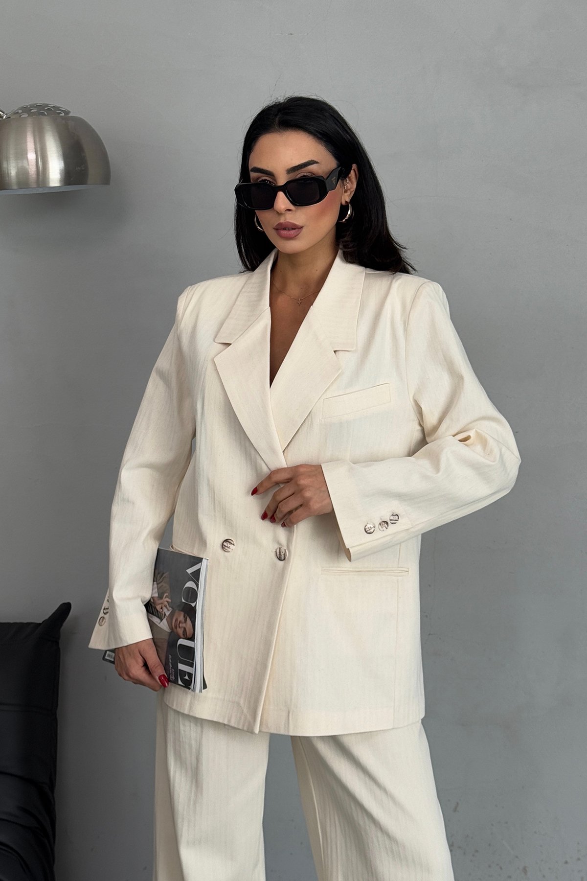 Bej Oversize Blazer Ceket Palazzo Pantolon Keten Takım