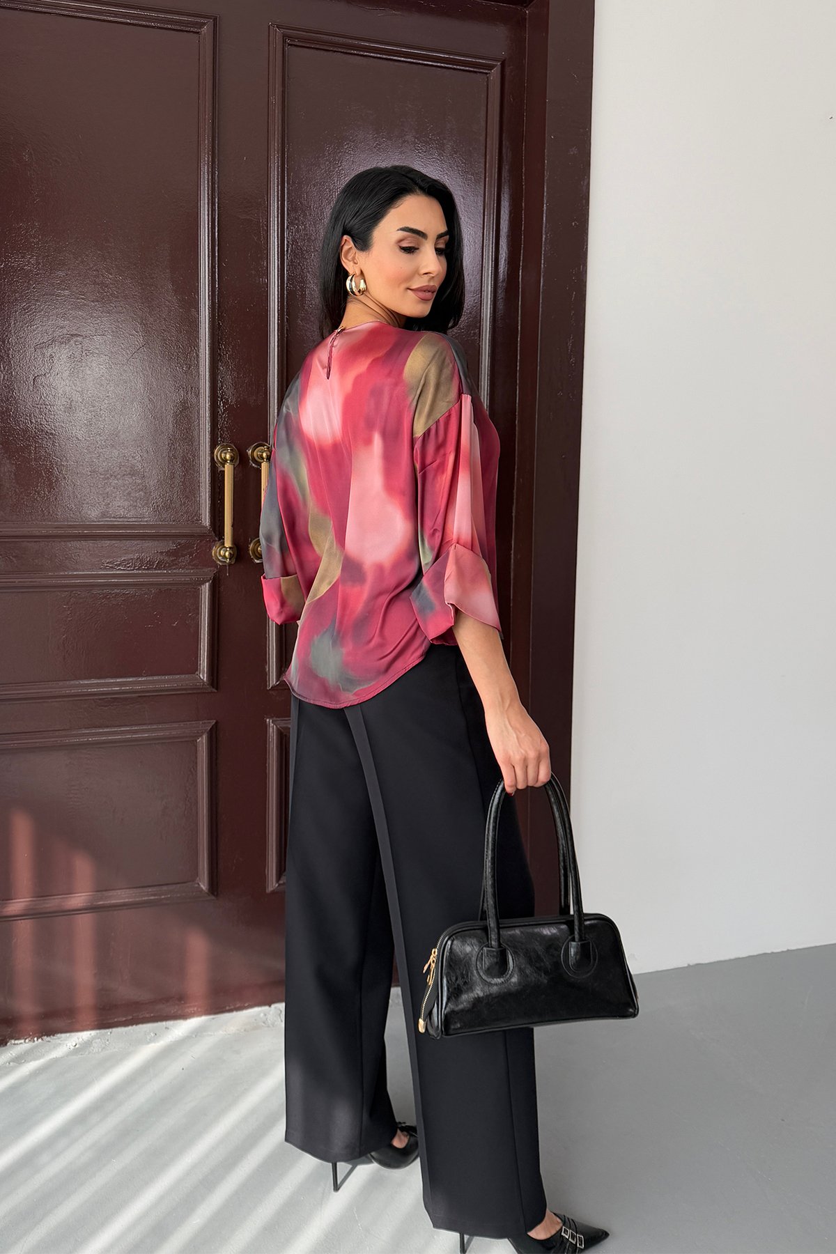Bordo Batik Desenli Saten Bluz