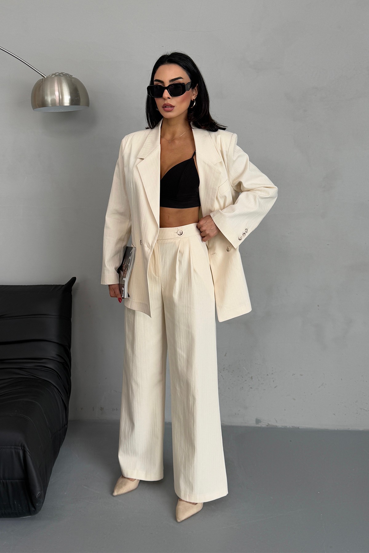 Bej Oversize Blazer Ceket Palazzo Pantolon Keten Takım