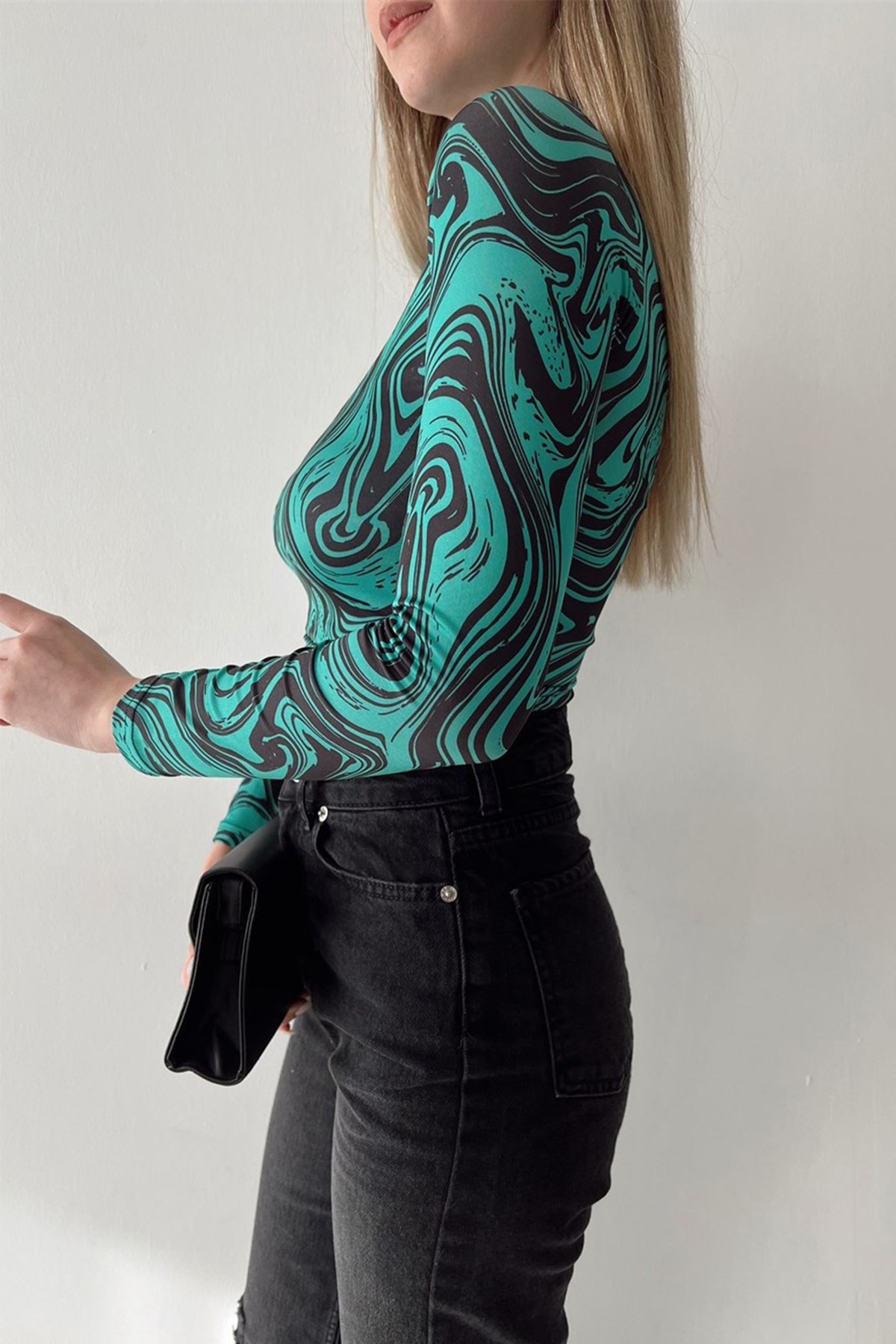 Yeşil Digital Dik Yaka Crop Bluz
