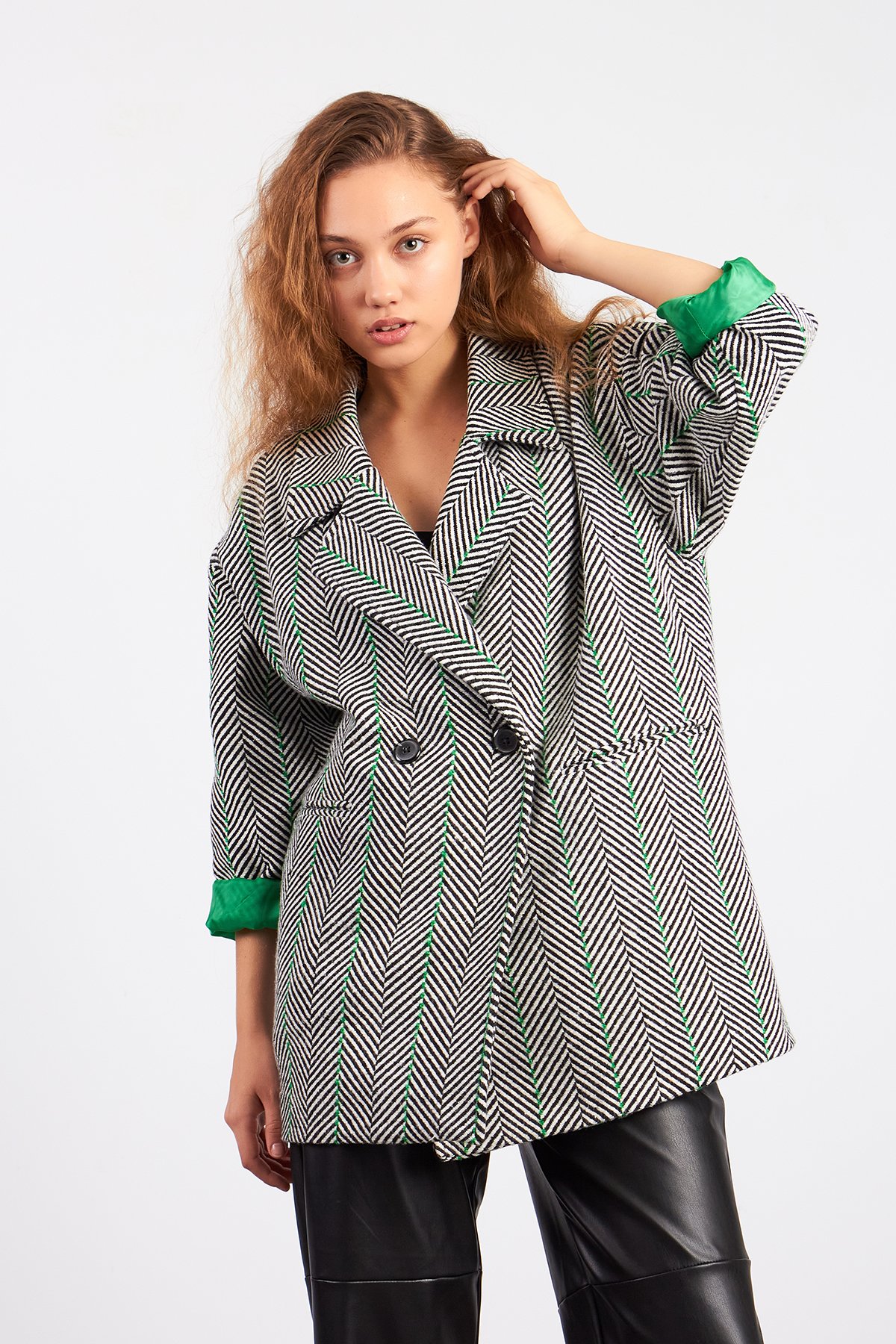 Kılçık Desen Oversize Kaşe Kaban - Yeşil