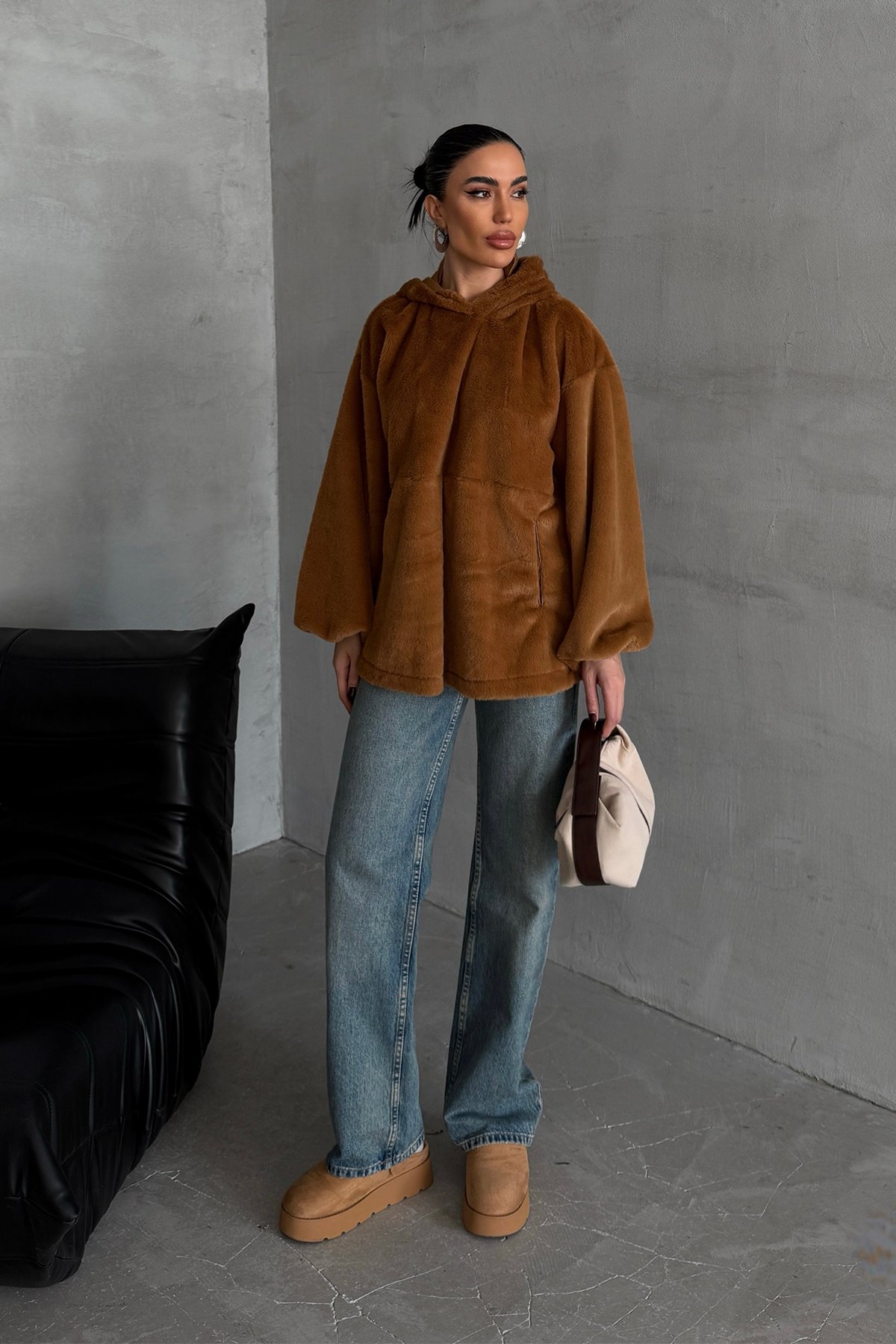 Oversize Yumuşak Dokulu Peluş Sweatshirt