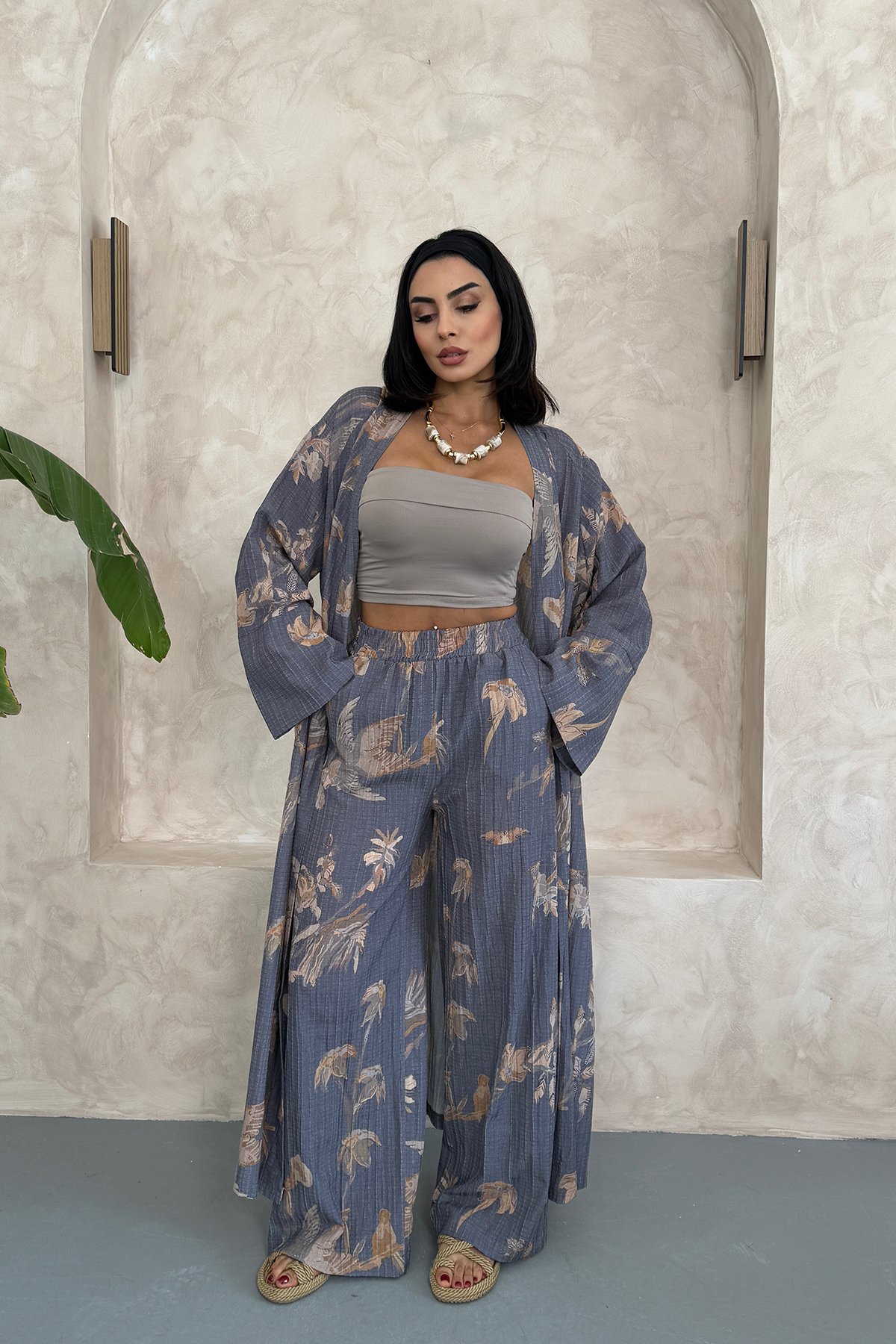 Çiçekli Uzun Alt Üst Kimono Takım