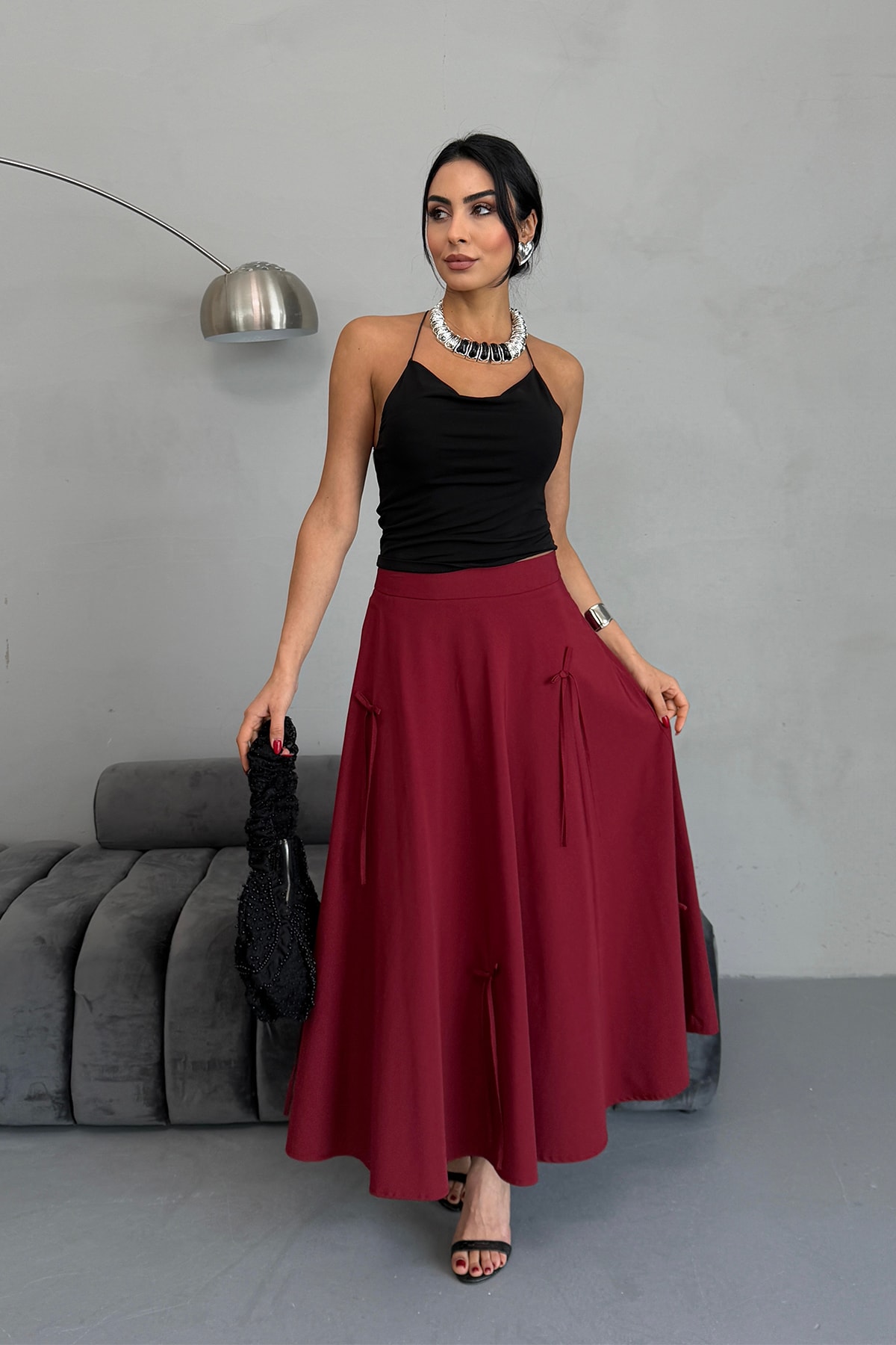 Kurdele Detaylı Kloş Etek - Bordo