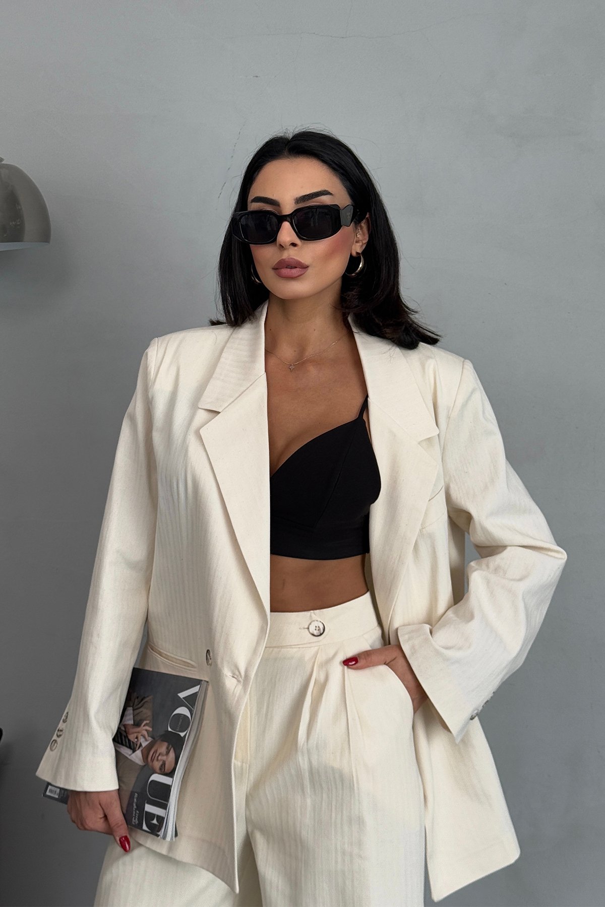 Bej Oversize Blazer Ceket Palazzo Pantolon Keten Takım