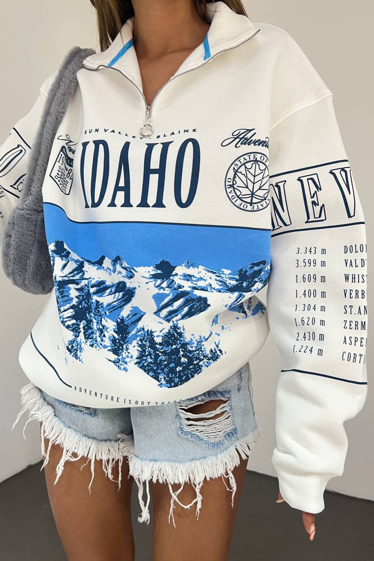 Idaho Baskılı Fermuar Yaka Sweatshirt