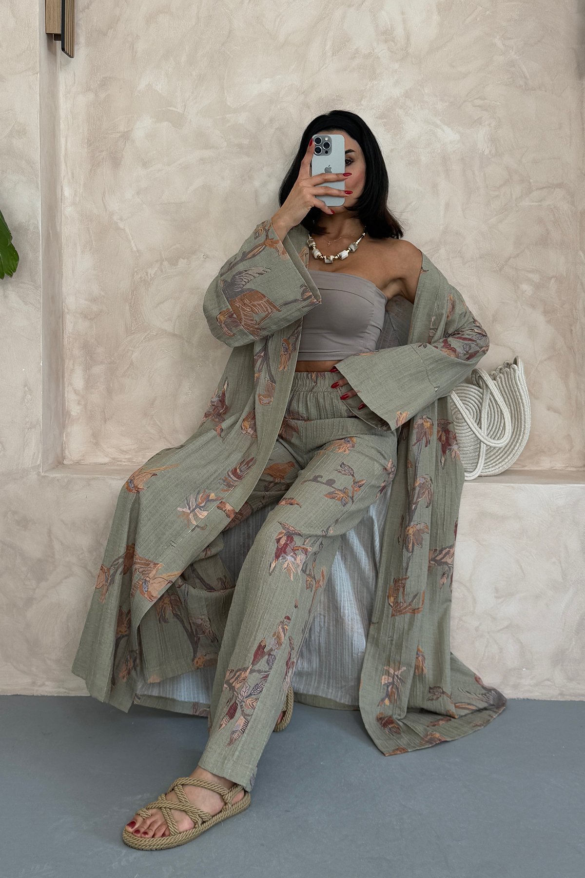 Çiçekli Uzun Alt Üst Kimono Takım