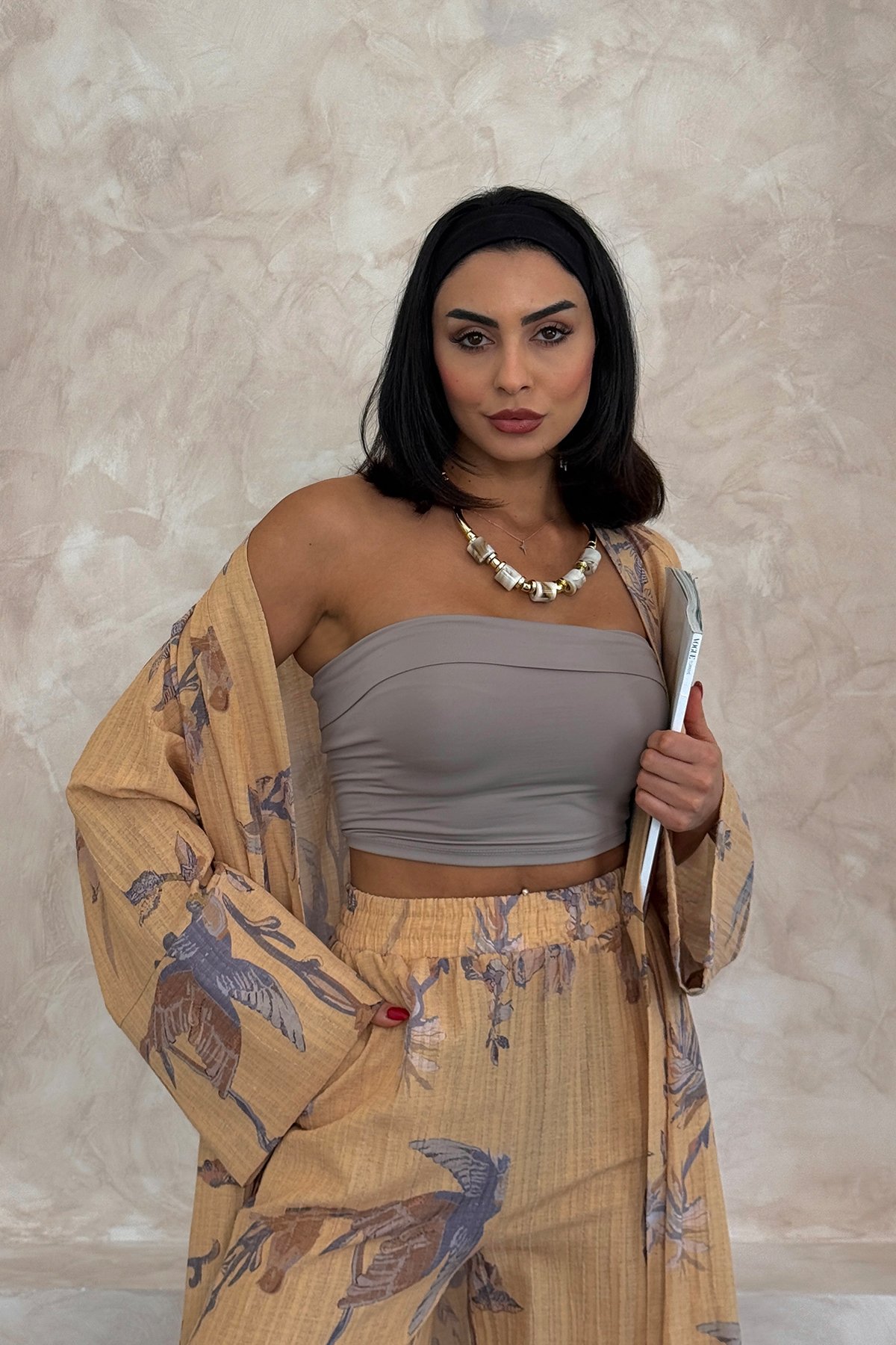 Çiçekli Uzun Alt Üst Kimono Takım