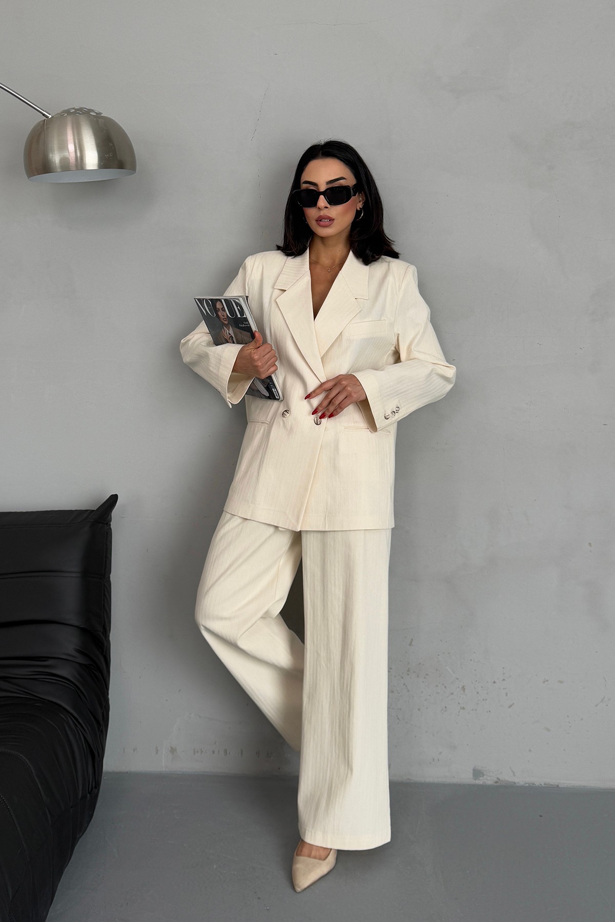 Bej Oversize Blazer Ceket Palazzo Pantolon Keten Takım
