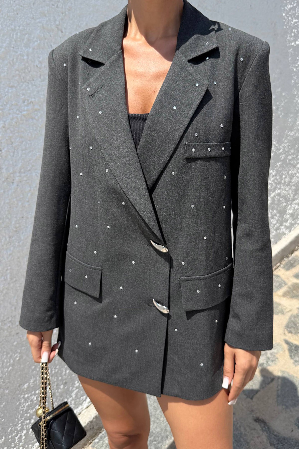 Taşlı Düğme Detaylı Tasarım Blazer Ceket