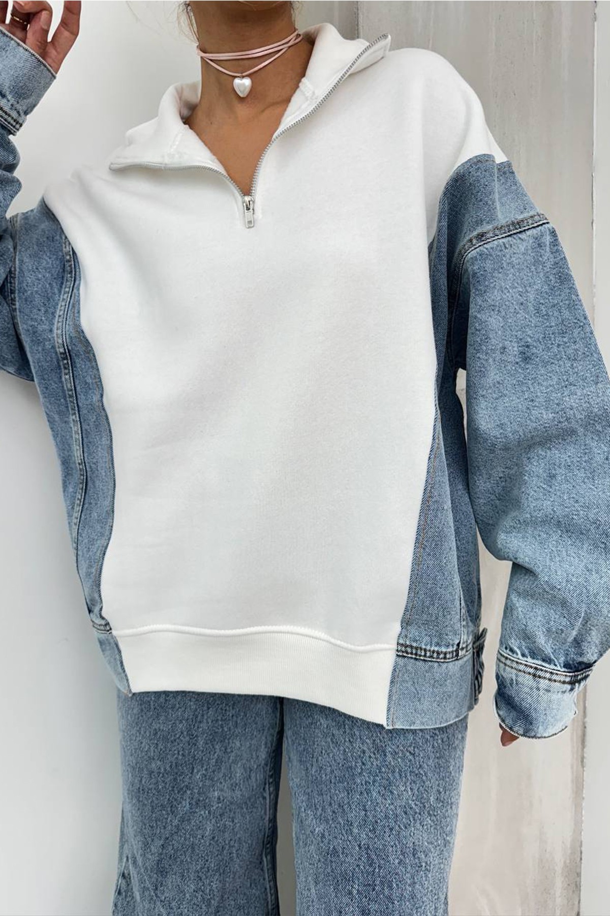 Kot Detaylı Fermuar Yaka Oversize Sweatshirt