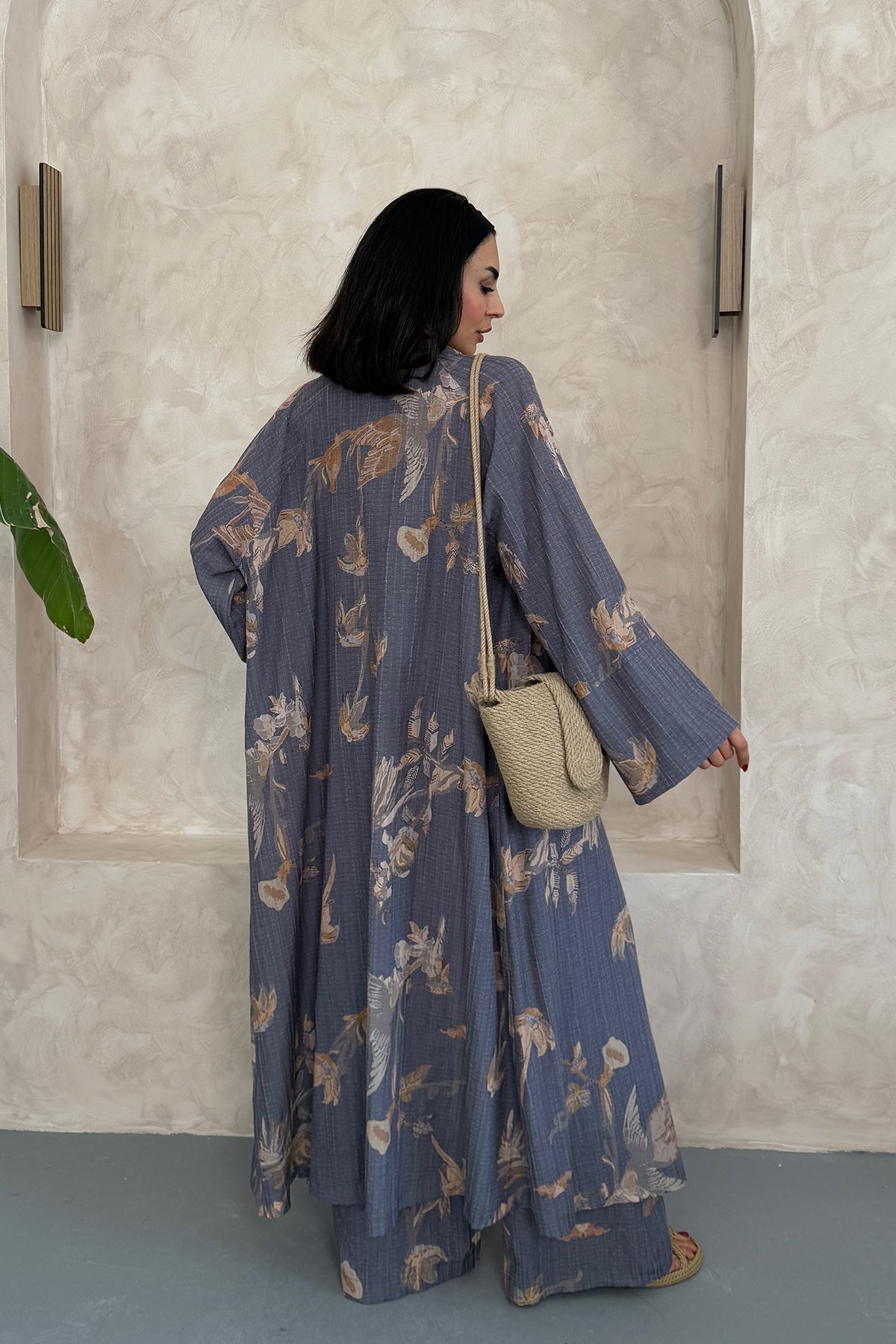 Çiçekli Uzun Alt Üst Kimono Takım