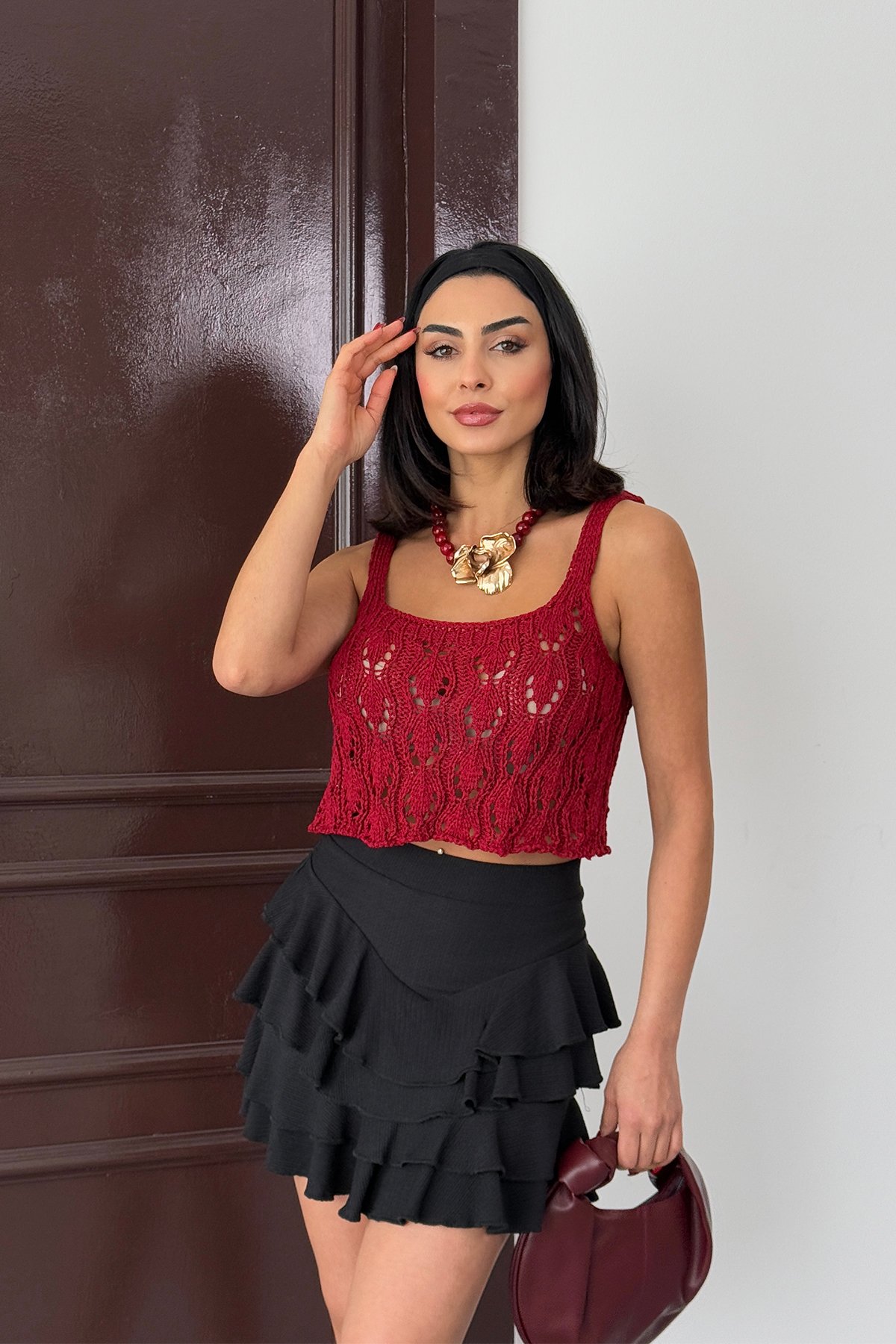 Örme Askılı Crop Bluz - Bordo