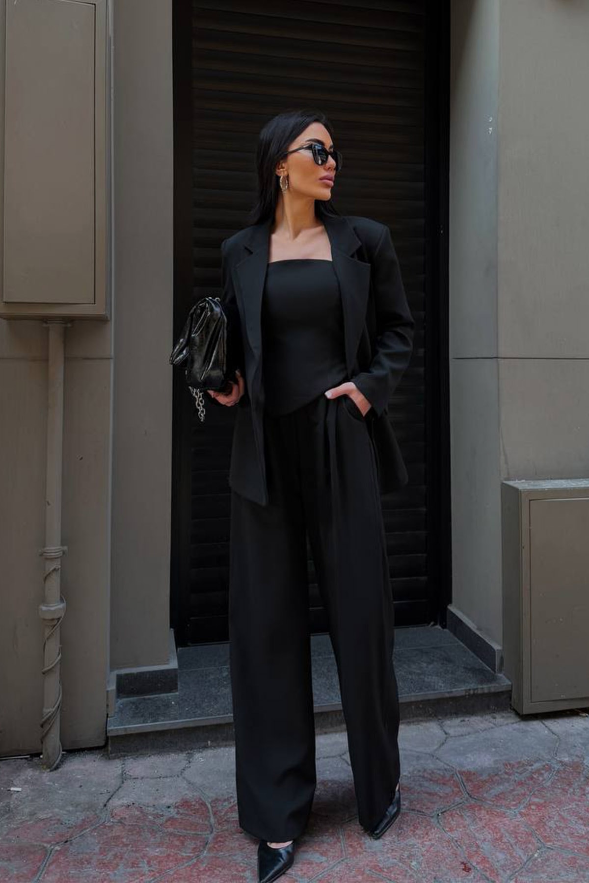 Blazer Ceket Bluz Palazzo Pantolon 3'lü Takım Elbise - Siyah