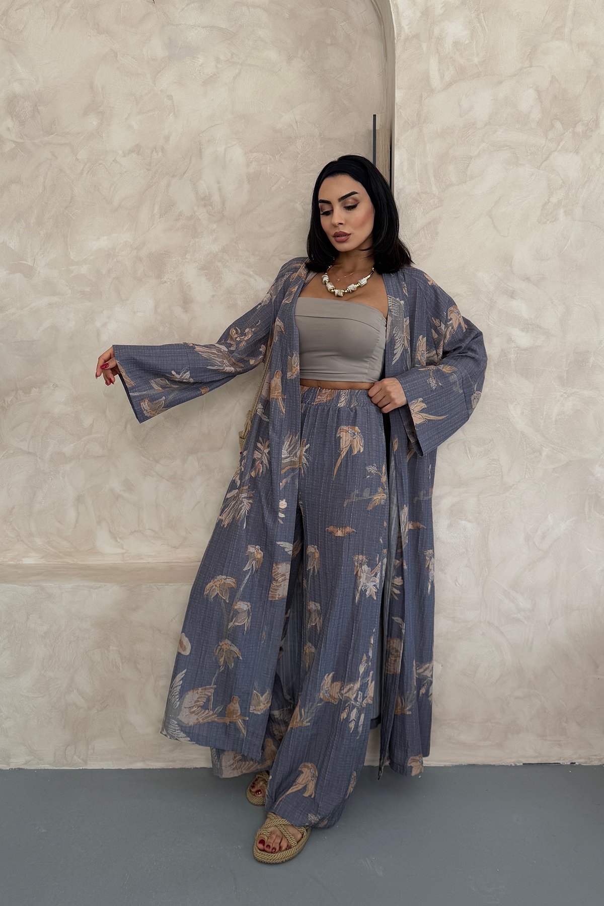 Çiçekli Uzun Alt Üst Kimono Takım - Gri