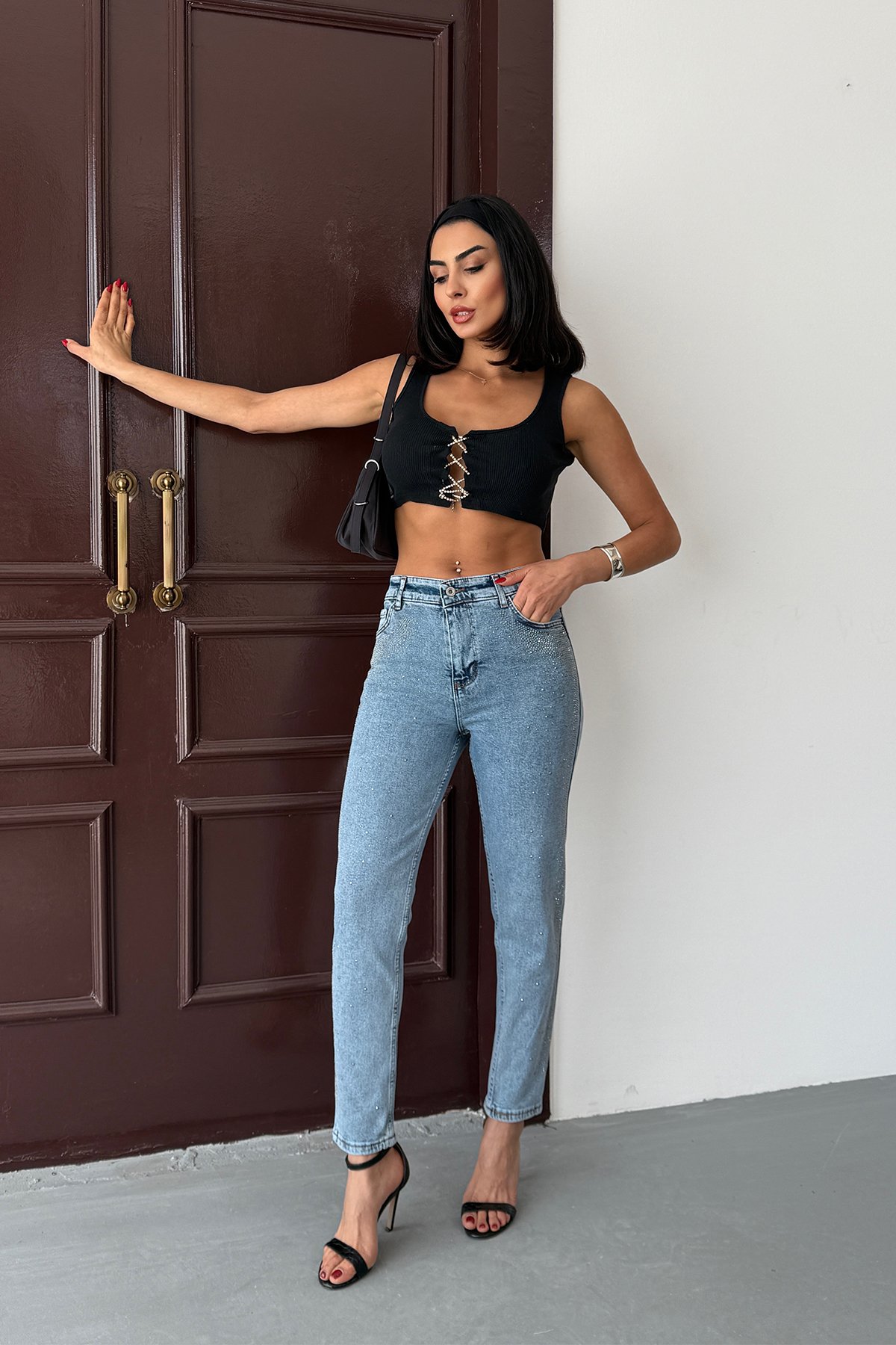Mavi Taşlı Dar Paça Skinny Jean Kot Pantolon