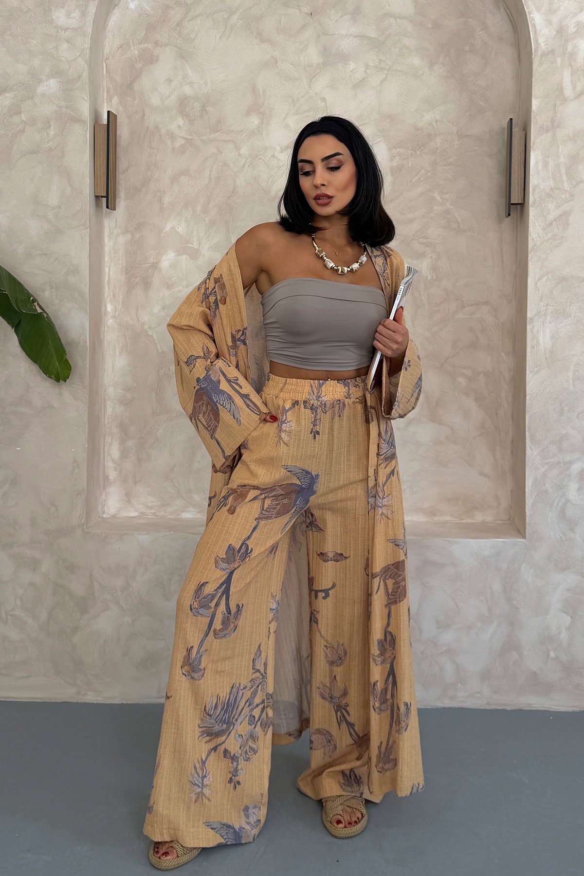 Çiçekli Uzun Alt Üst Kimono Takım