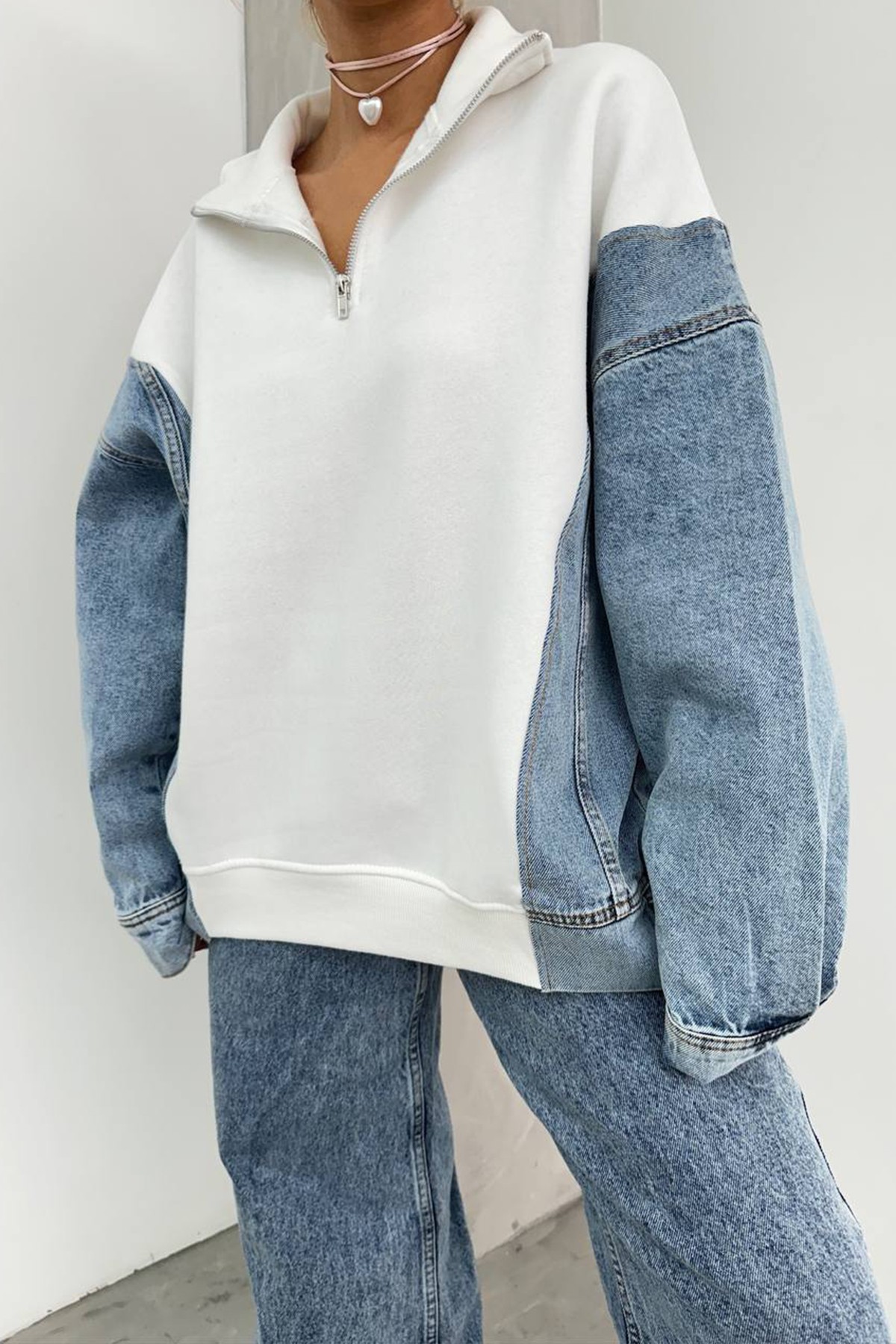 Kot Detaylı Fermuar Yaka Oversize Sweatshirt