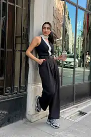 Üç Pileli Kemerli Yüksek Bel Palazzo Pantolon