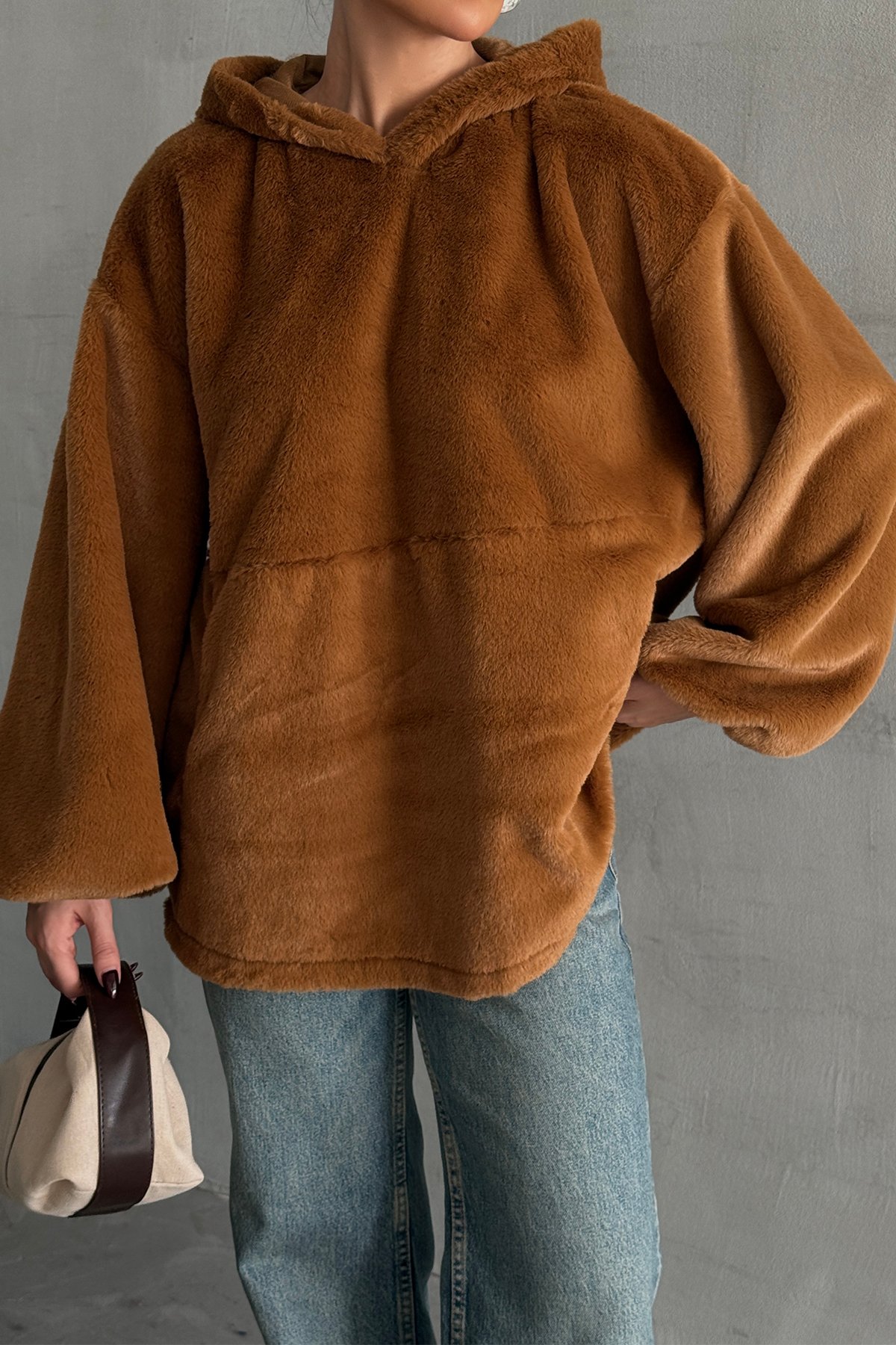 Oversize Yumuşak Dokulu Peluş Sweatshirt