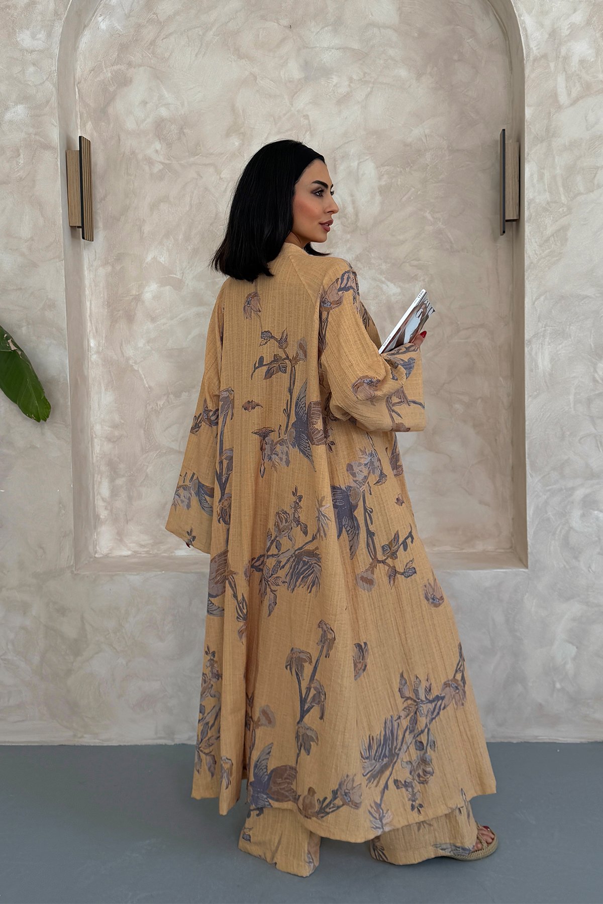 Çiçekli Uzun Alt Üst Kimono Takım