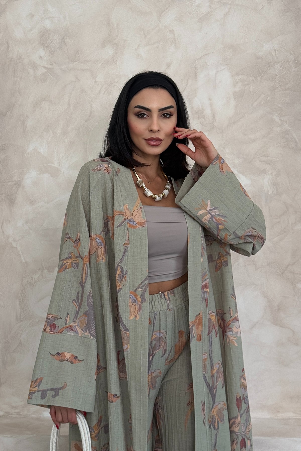 Çiçekli Uzun Alt Üst Kimono Takım