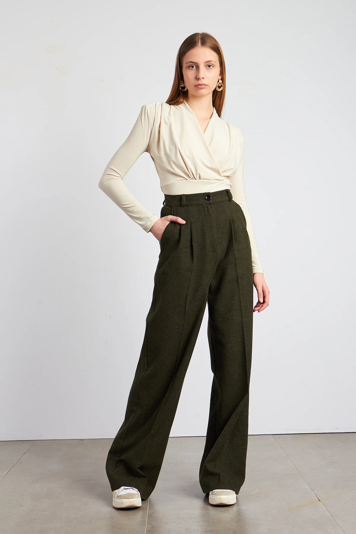 Kaşe Kumaş Pileli Palazzo Pantolon