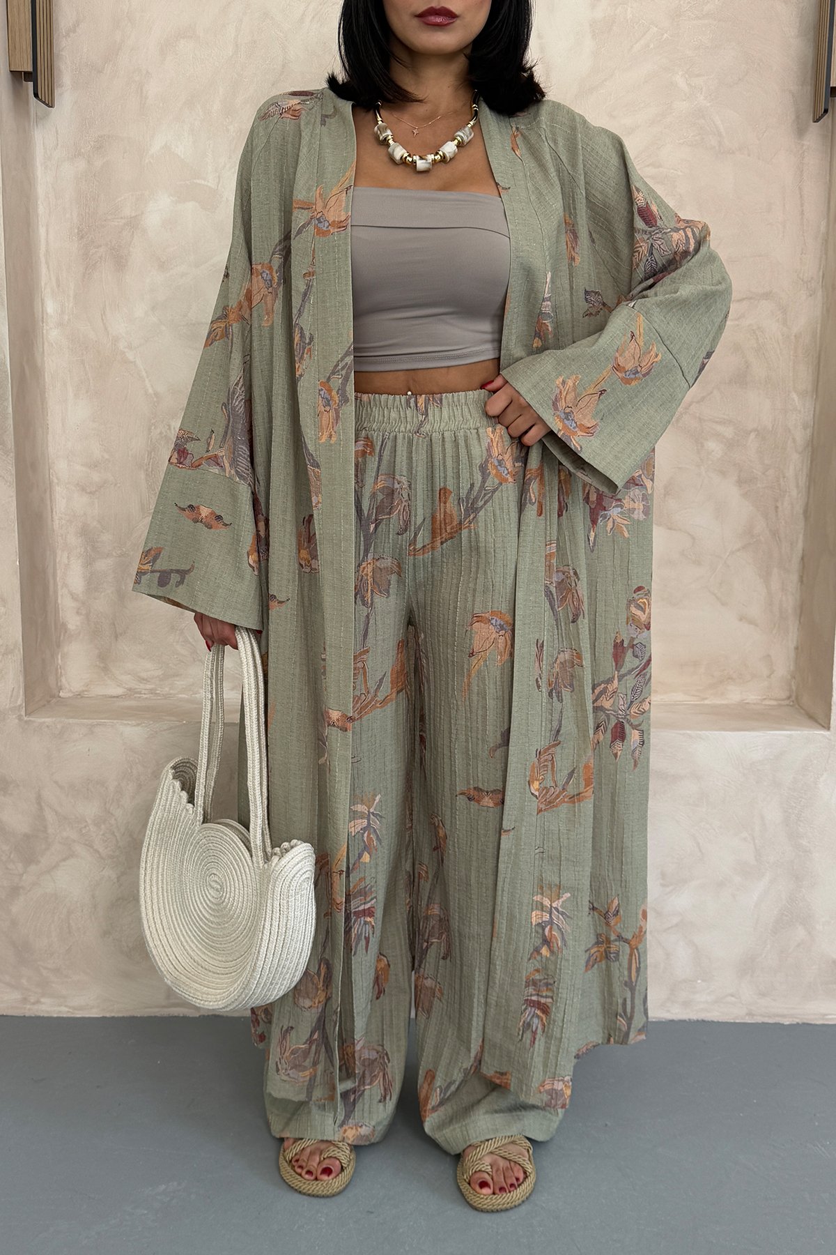 Çiçekli Uzun Alt Üst Kimono Takım