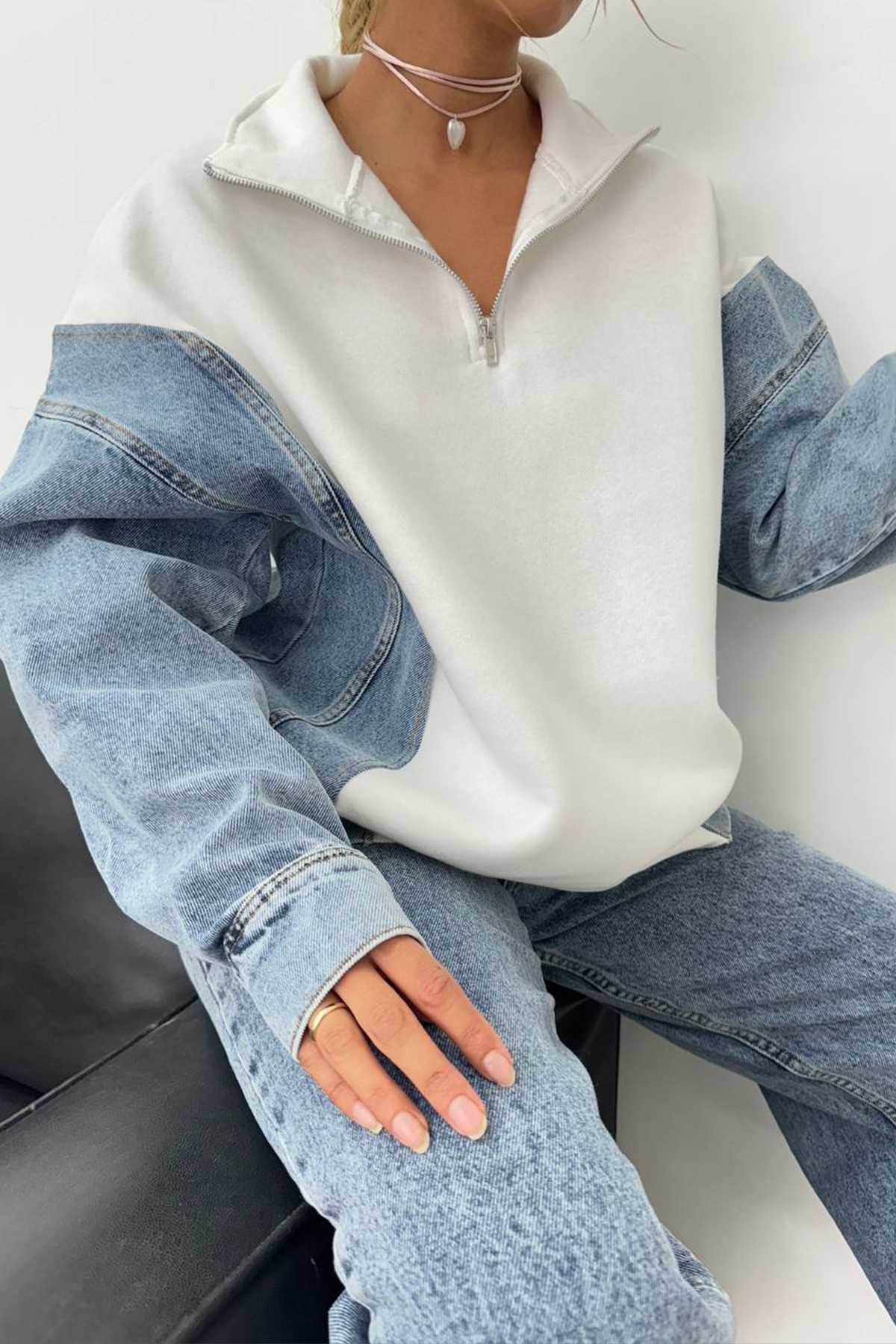 Kot Detaylı Fermuar Yaka Oversize Sweatshirt