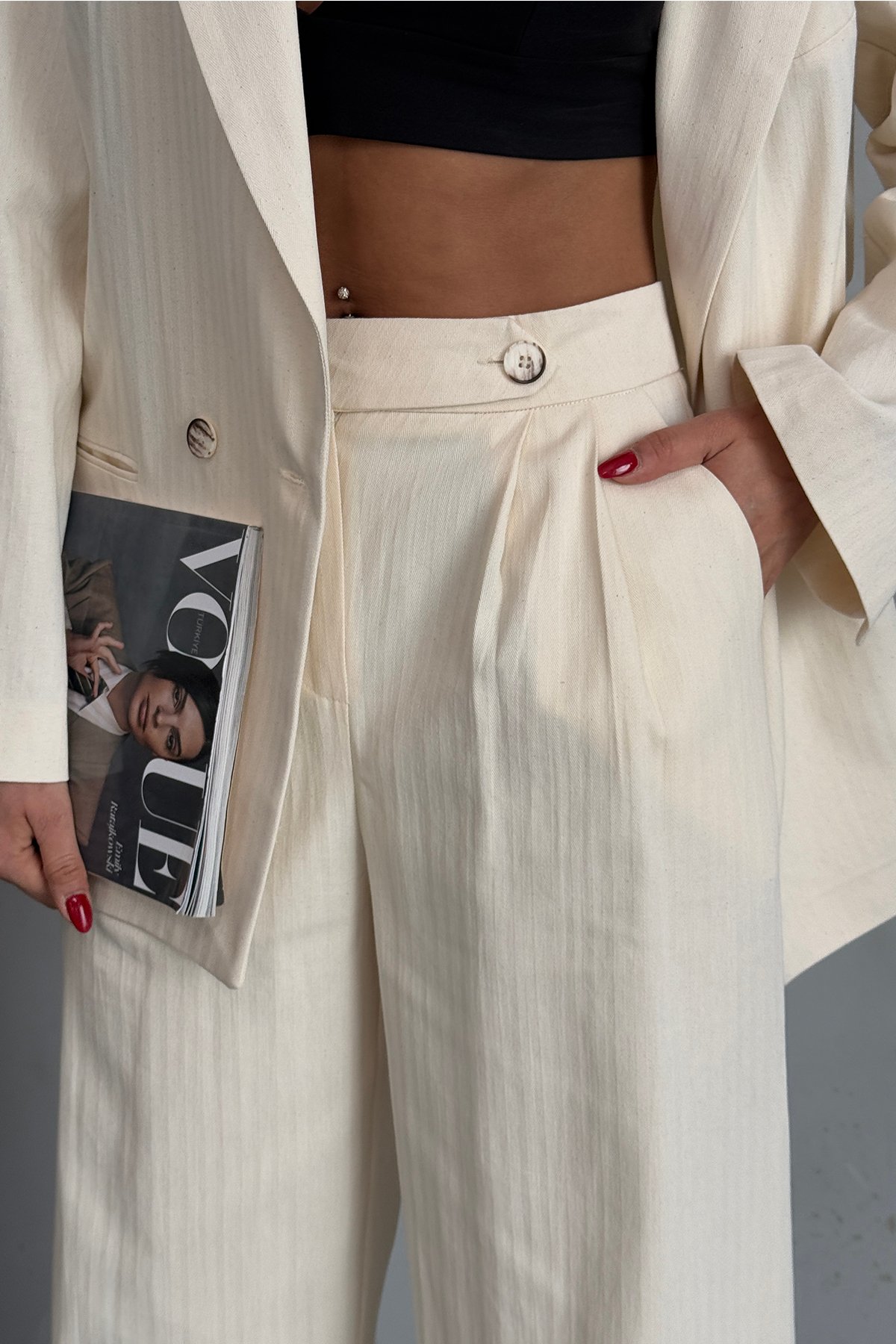 Bej Oversize Blazer Ceket Palazzo Pantolon Keten Takım