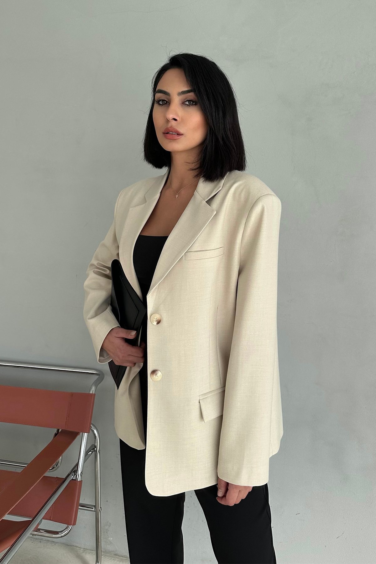 Oversize Vatkalı Blazer Ceket - Bej