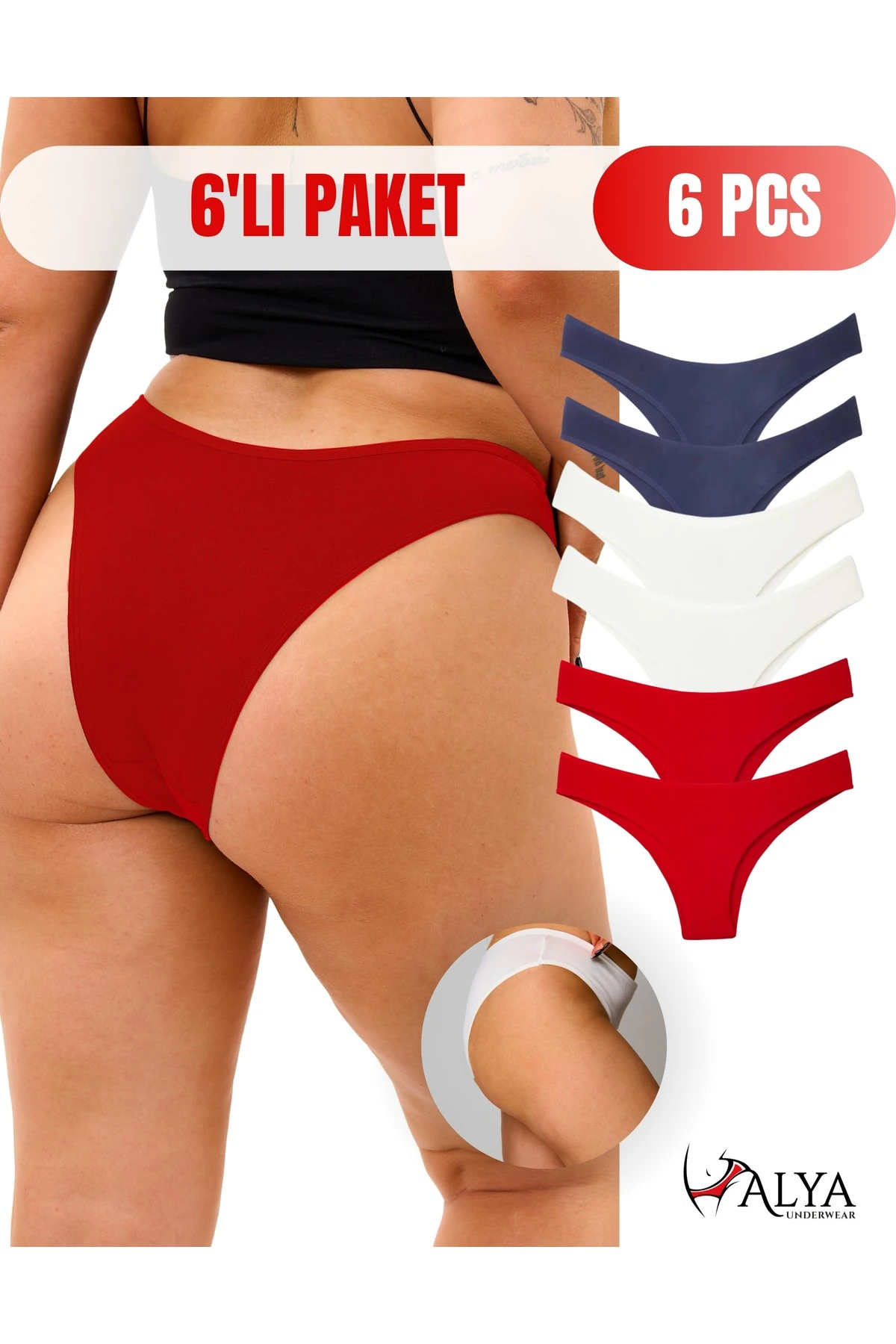 ALYA UNDERWEAR Kadın Renkli Brezilyan Kalıp Pamuklu Külotlar - Lacivert, Kırmızı, Ekru (S, M, L, XL, 2XL) - 6 Adet