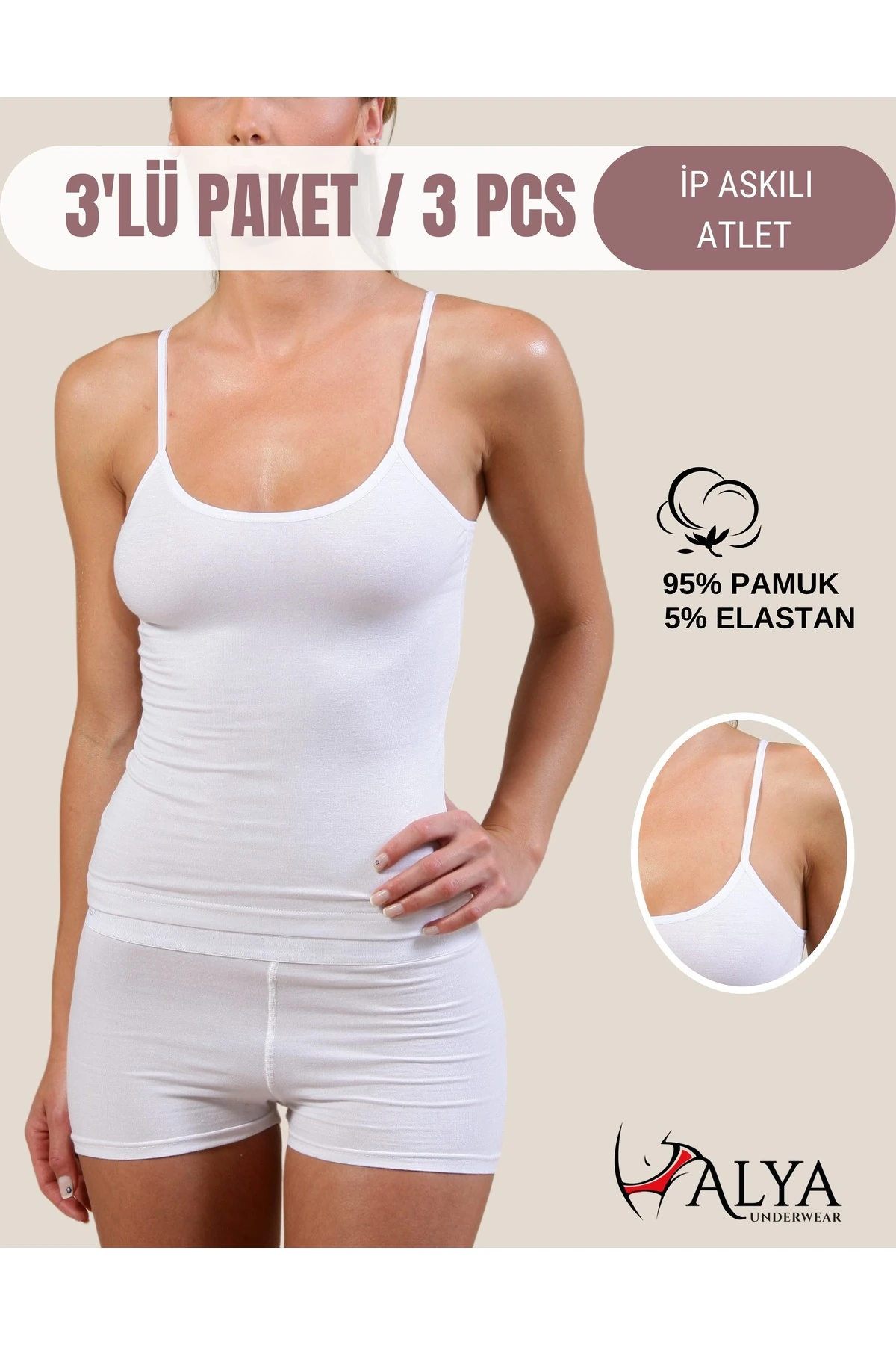 ALYA UNDERWEAR Kadın Pamuklu Ip Askılı Oval Yaka Atlet ( 3'lü, 3 Adet Ten )